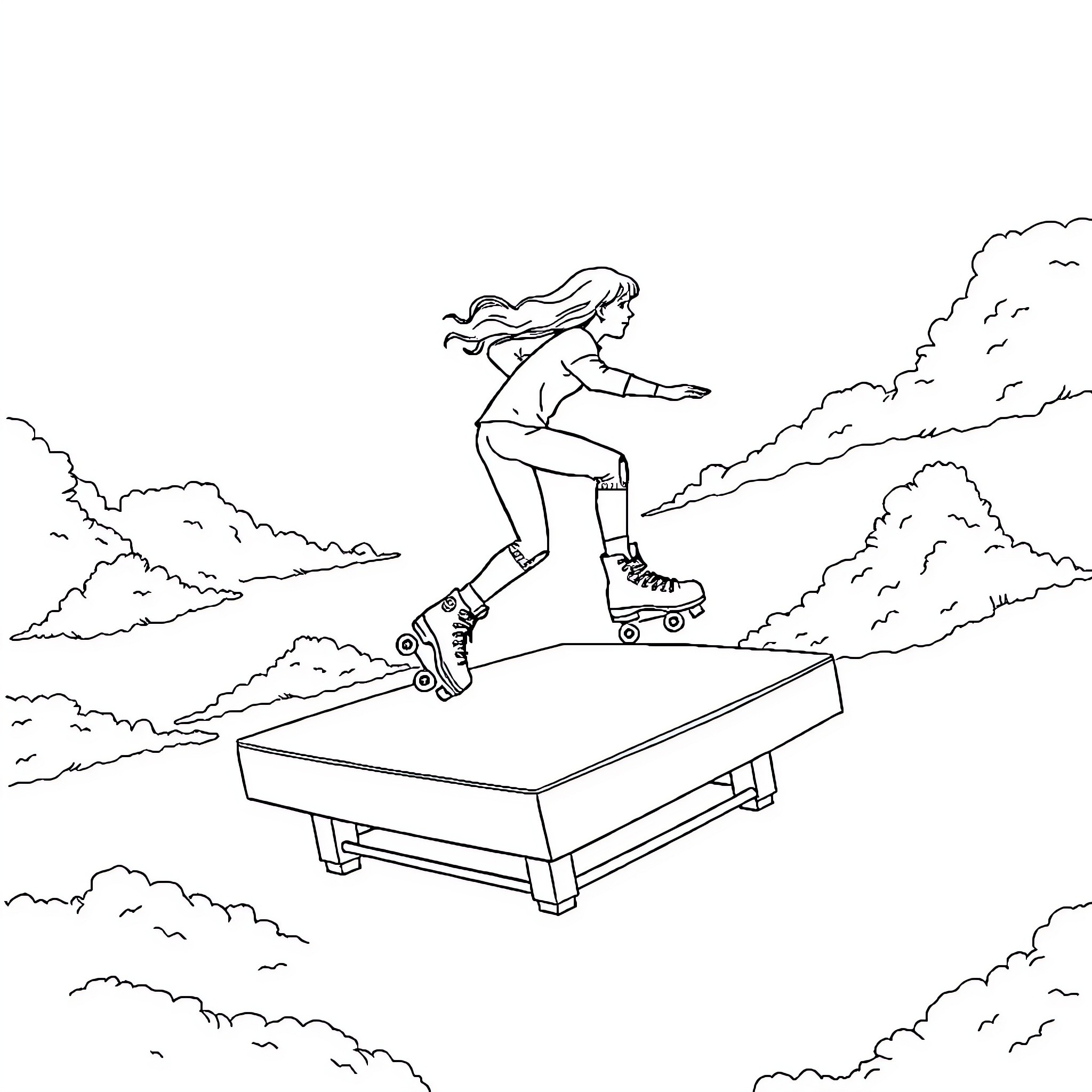 Rollerskating woman performing tricks on a ramp Coloring Page (free black-and-white line drawing printable PDF for all, from beginners to advanced learners, including children, teens, adults, and seniors)