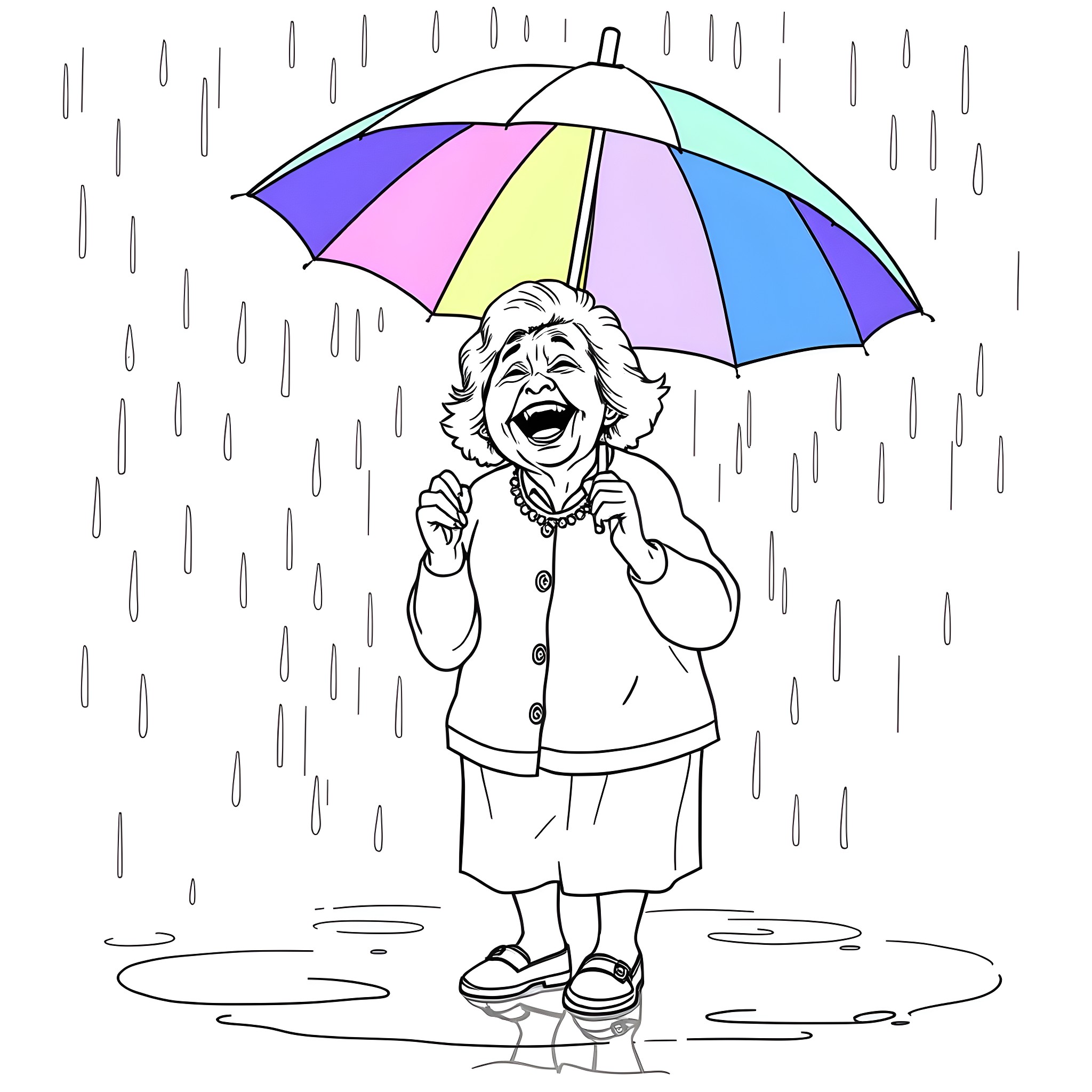 Lady joyfully walking in the rain with colorful umbrella Coloring Page (free black-and-white line drawing printable PDF for all, from beginners to advanced learners, including children, teens, adults, and seniors)
