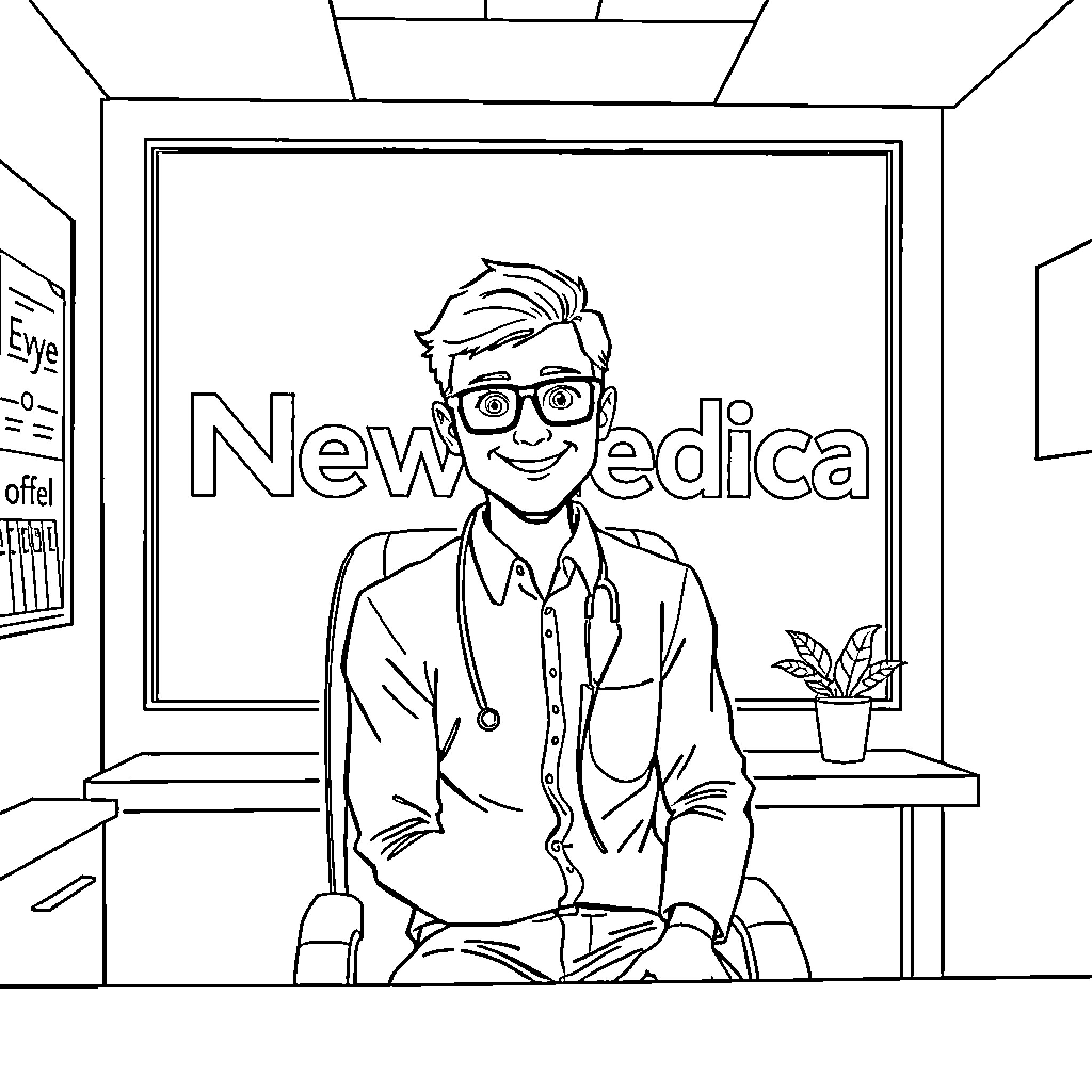Man in medical office with New Medica sign Coloring Page (free black-and-white line drawing printable PDF for all, from beginners to advanced learners, including children, teens, adults, and seniors)