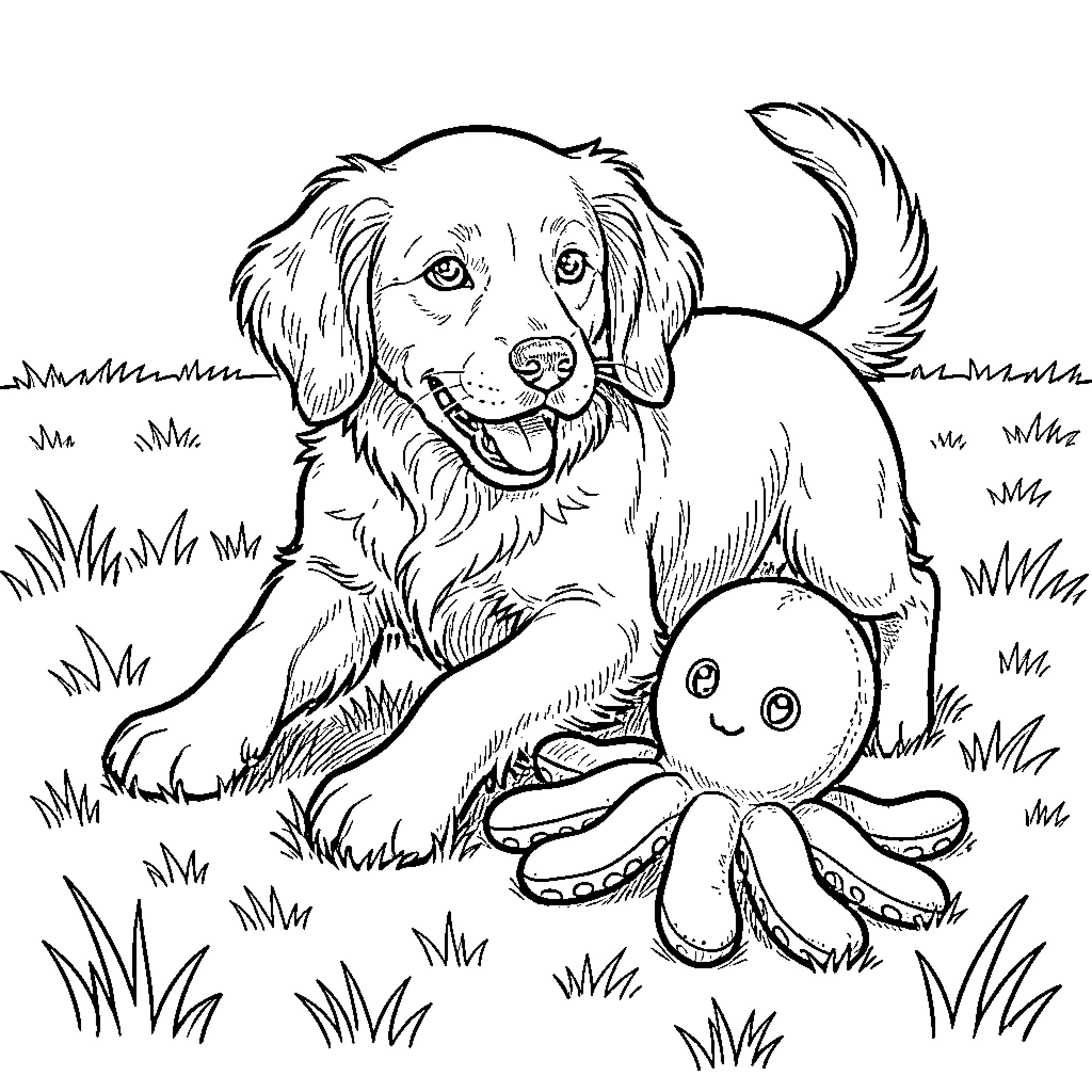 English Setter puppy lying in the grass with a toy Coloring Page (free black-and-white line drawing printable PDF for all, from beginners to advanced learners, including children, teens, adults, and seniors)
