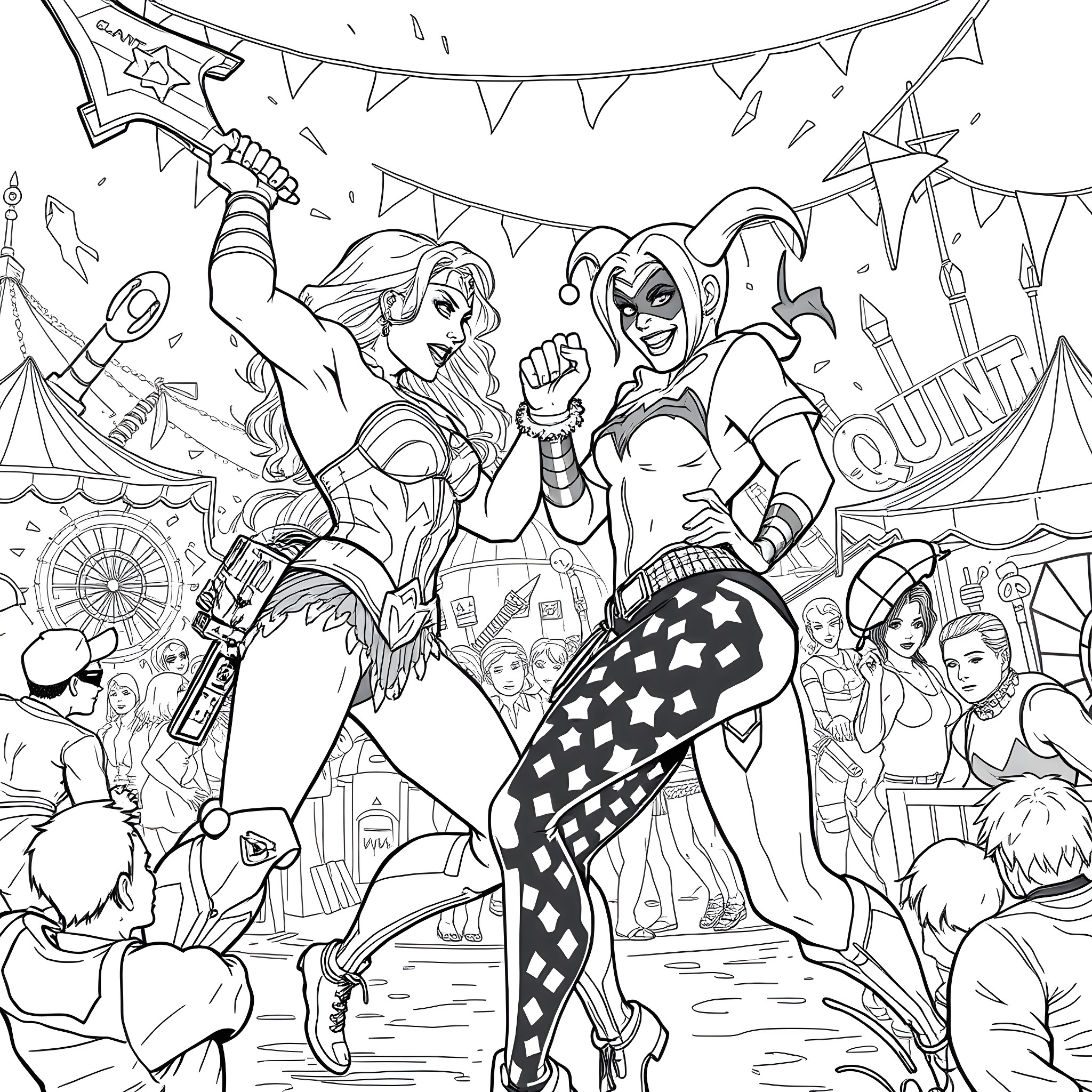 Wonder Woman and Harley Quinn having fun at the carnival Coloring Page (free black-and-white line drawing printable PDF for all, from beginners to advanced learners, including children, teens, adults, and seniors)