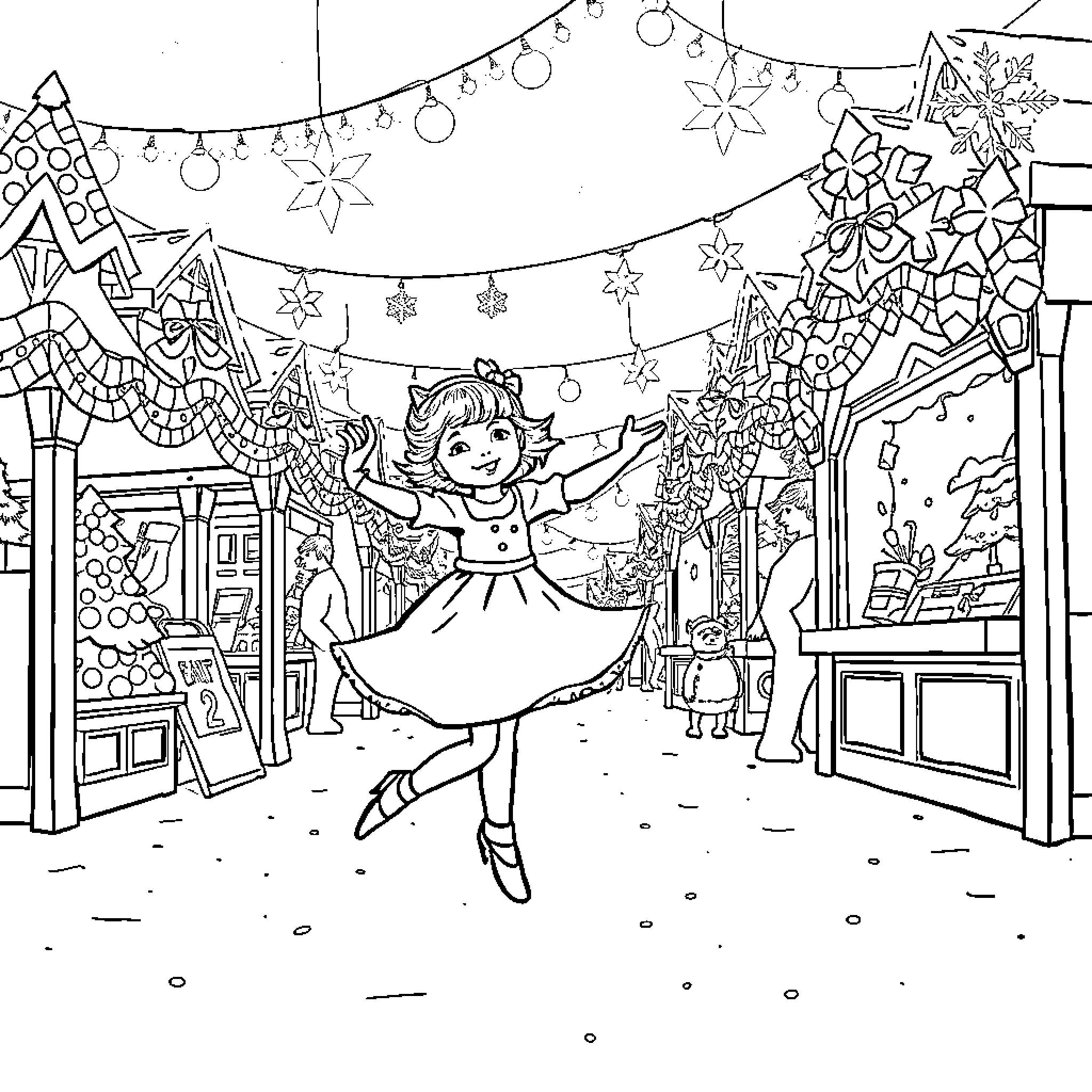 Fille dancing joyfully in a festive winter wonderland Coloring Page (free black-and-white line drawing printable PDF for all, from beginners to advanced learners, including children, teens, adults, and seniors)