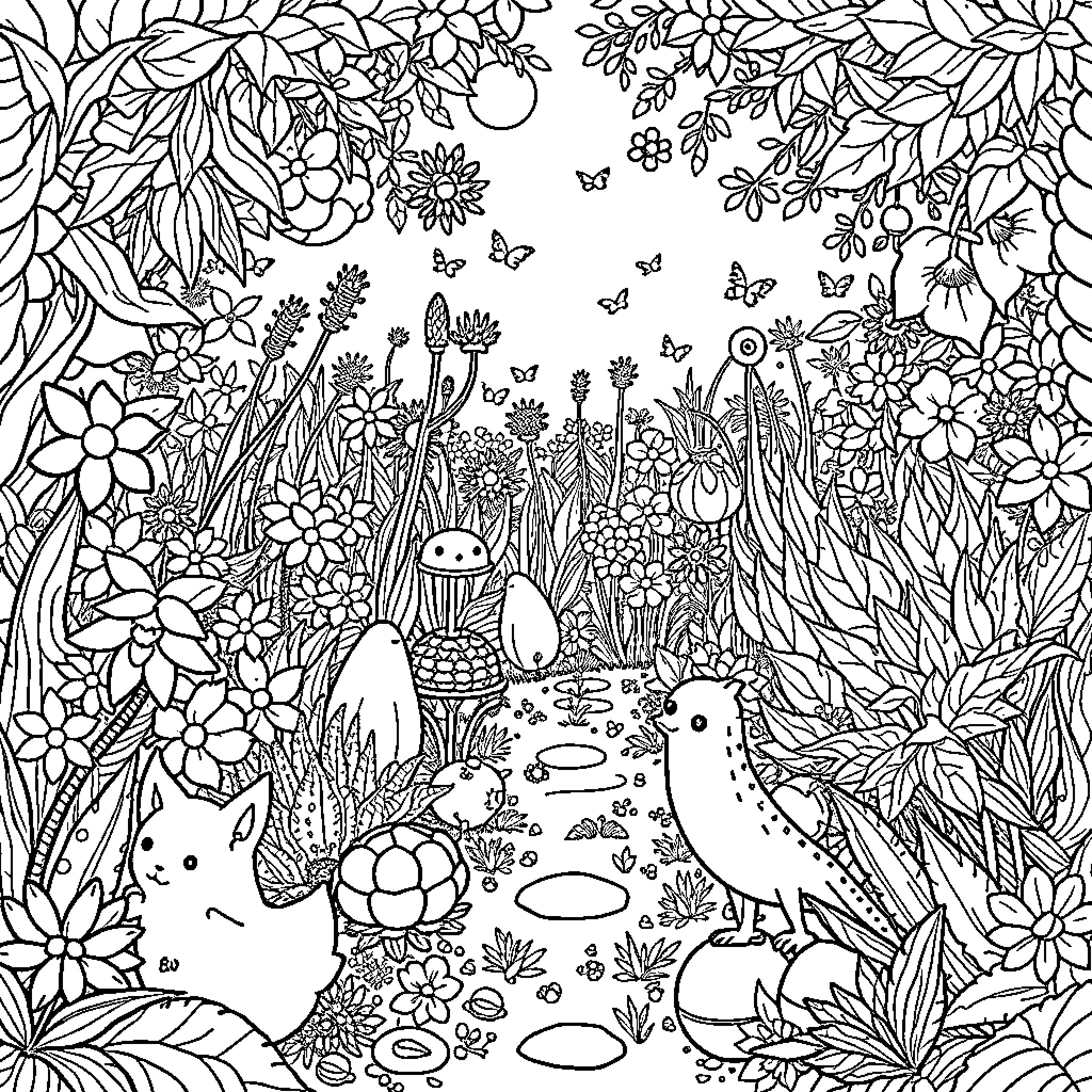 Garten of Banban: Whimsical animals and vibrant flora Coloring Page (free black-and-white line drawing printable PDF for all, from beginners to advanced learners, including children, teens, adults, and seniors)