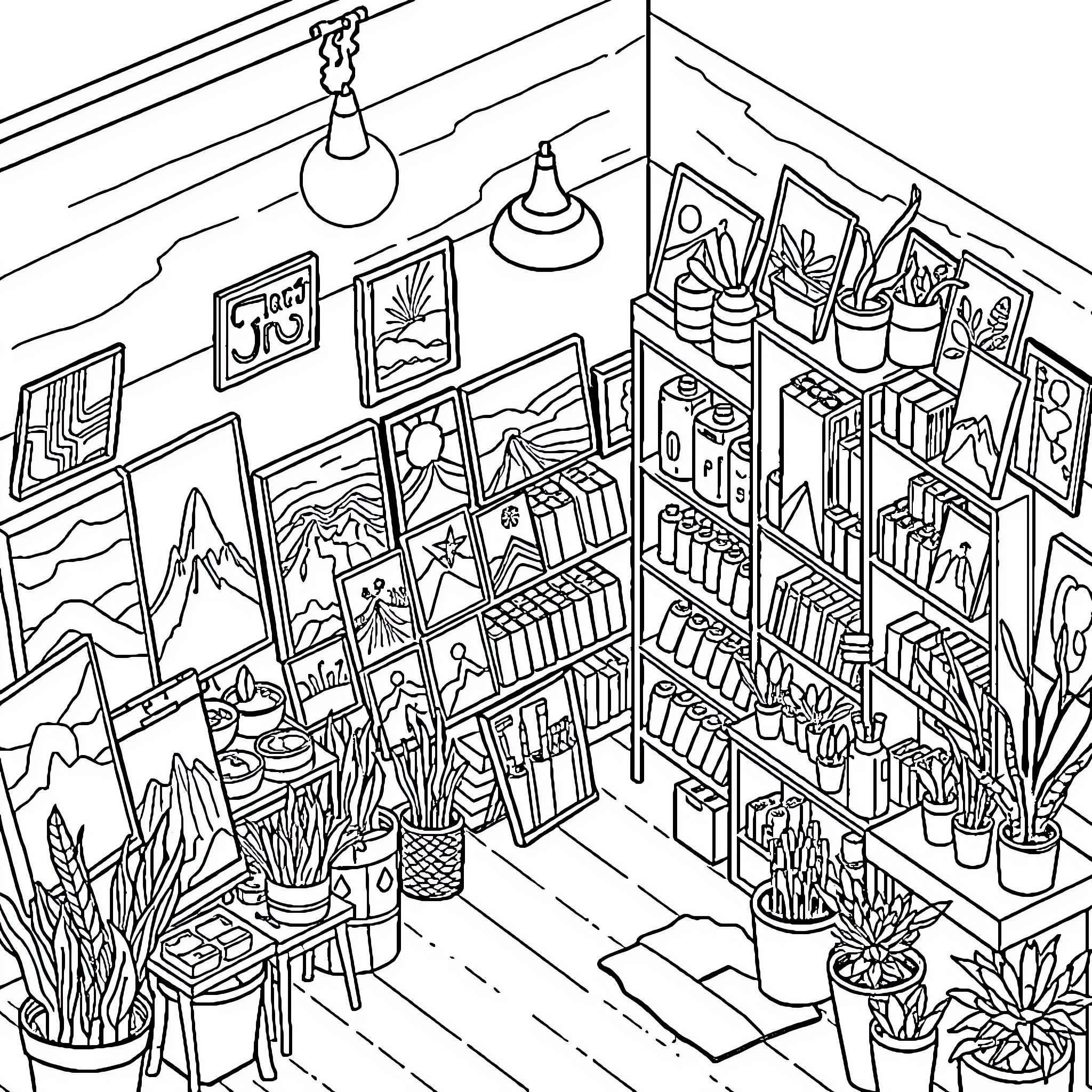 Artstore Filled with Vibrant Artworks and Plants Coloring Page (free black-and-white line drawing printable PDF for all, from beginners to advanced learners, including children, teens, adults, and seniors)