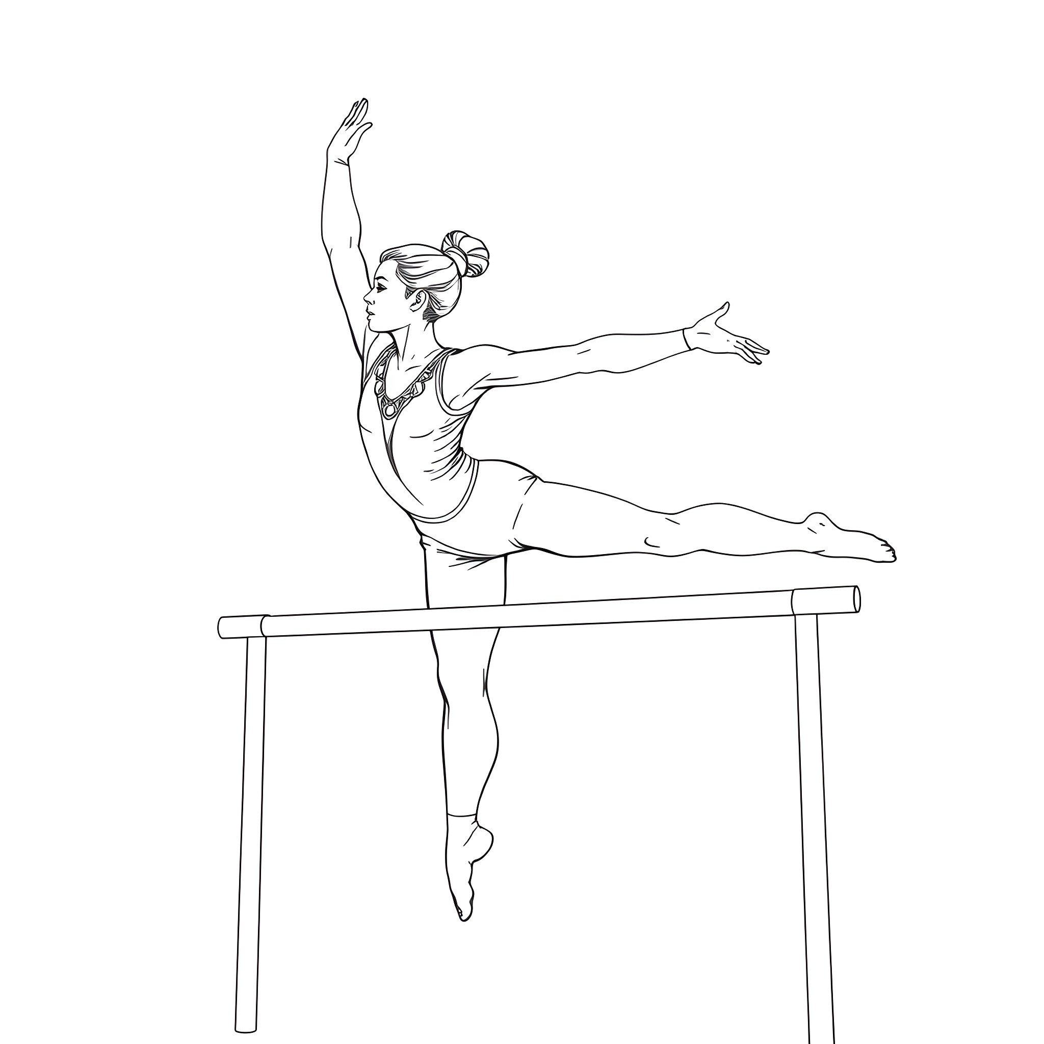 Gymnast performing balance beam routine Coloring Page (free black-and-white line drawing printable PDF for all, from beginners to advanced learners, including children, teens, adults, and seniors)
