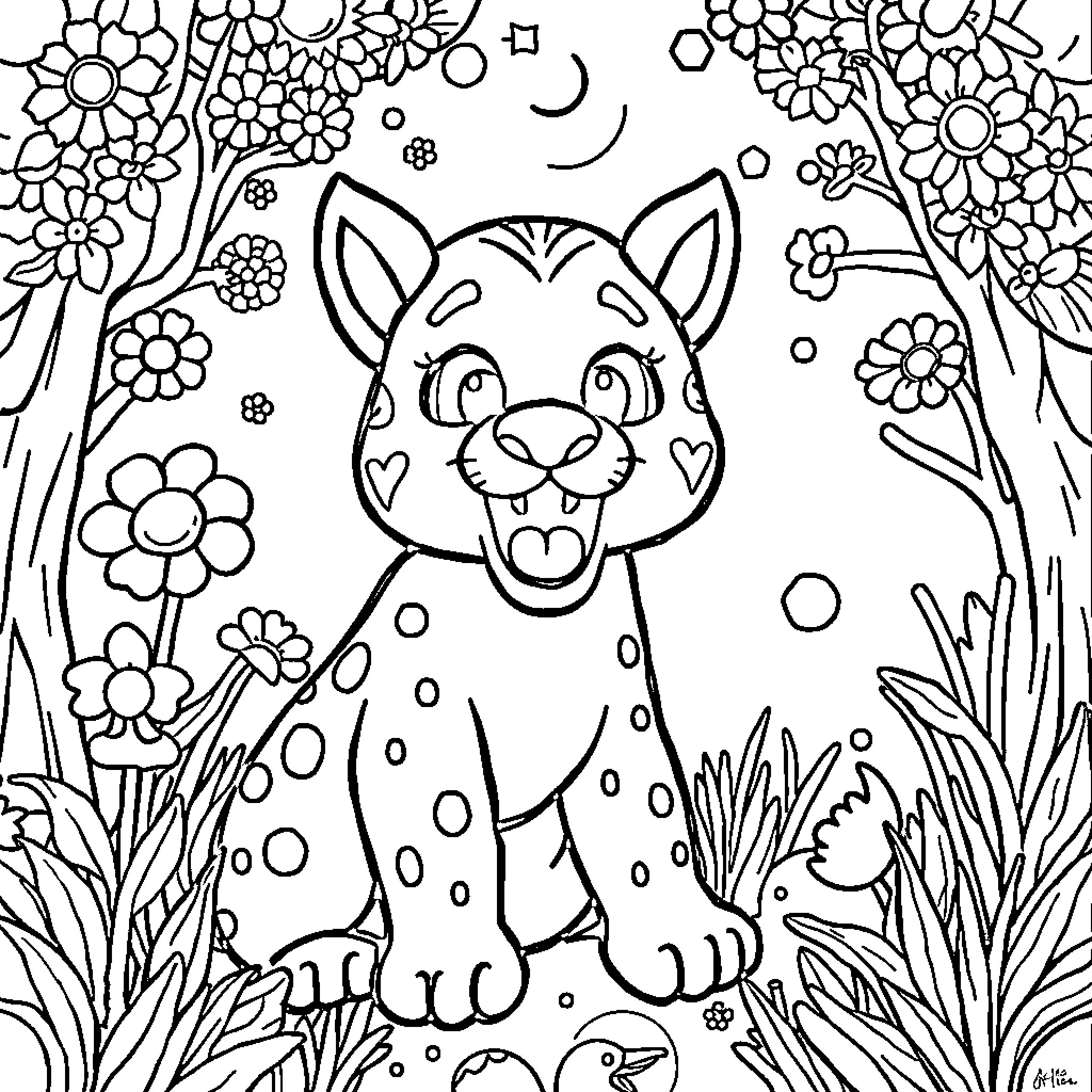 Kids coloring joyful spotted animal in floral garden Coloring Page (free black-and-white line drawing printable PDF for all, from beginners to advanced learners, including children, teens, adults, and seniors)