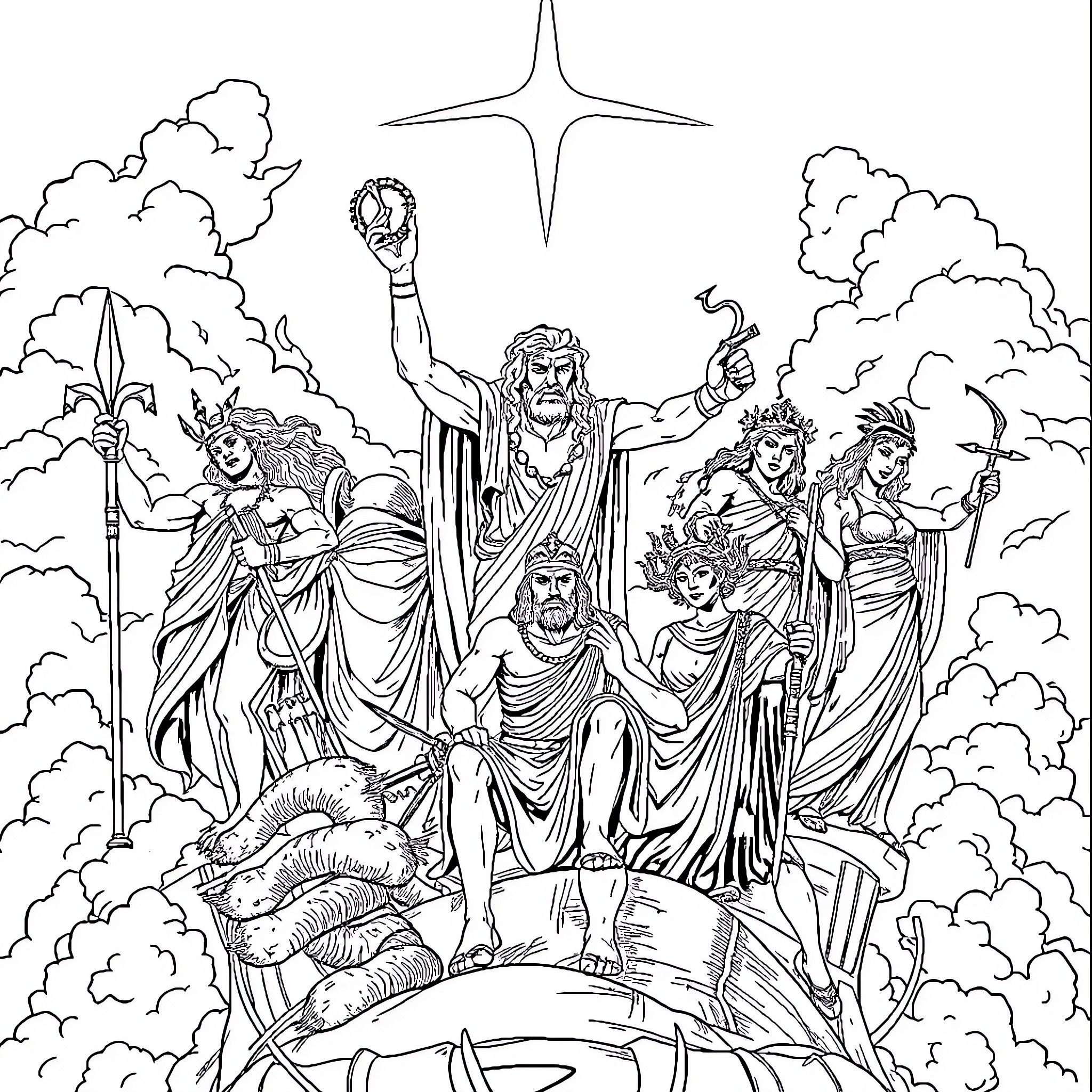 Dioses Triumphant Over Adversity Coloring Page (free black-and-white line drawing printable PDF for all, from beginners to advanced learners, including children, teens, adults, and seniors)