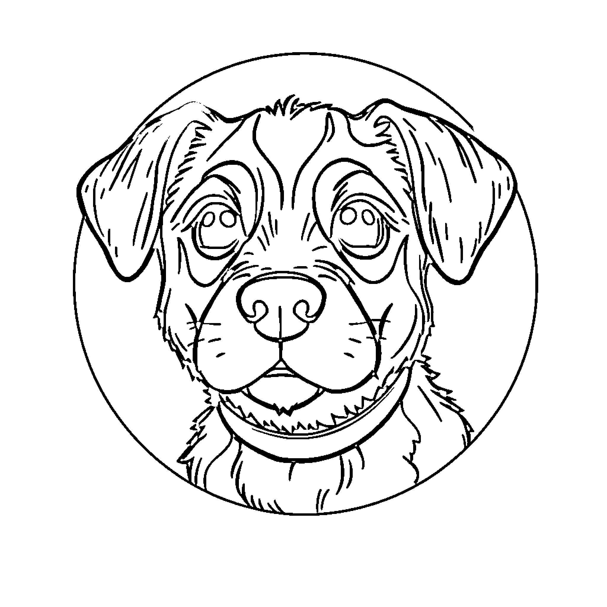 Dog smiling happily in a circular design Coloring Page (free black-and-white line drawing printable PDF for all, from beginners to advanced learners, including children, teens, adults, and seniors)