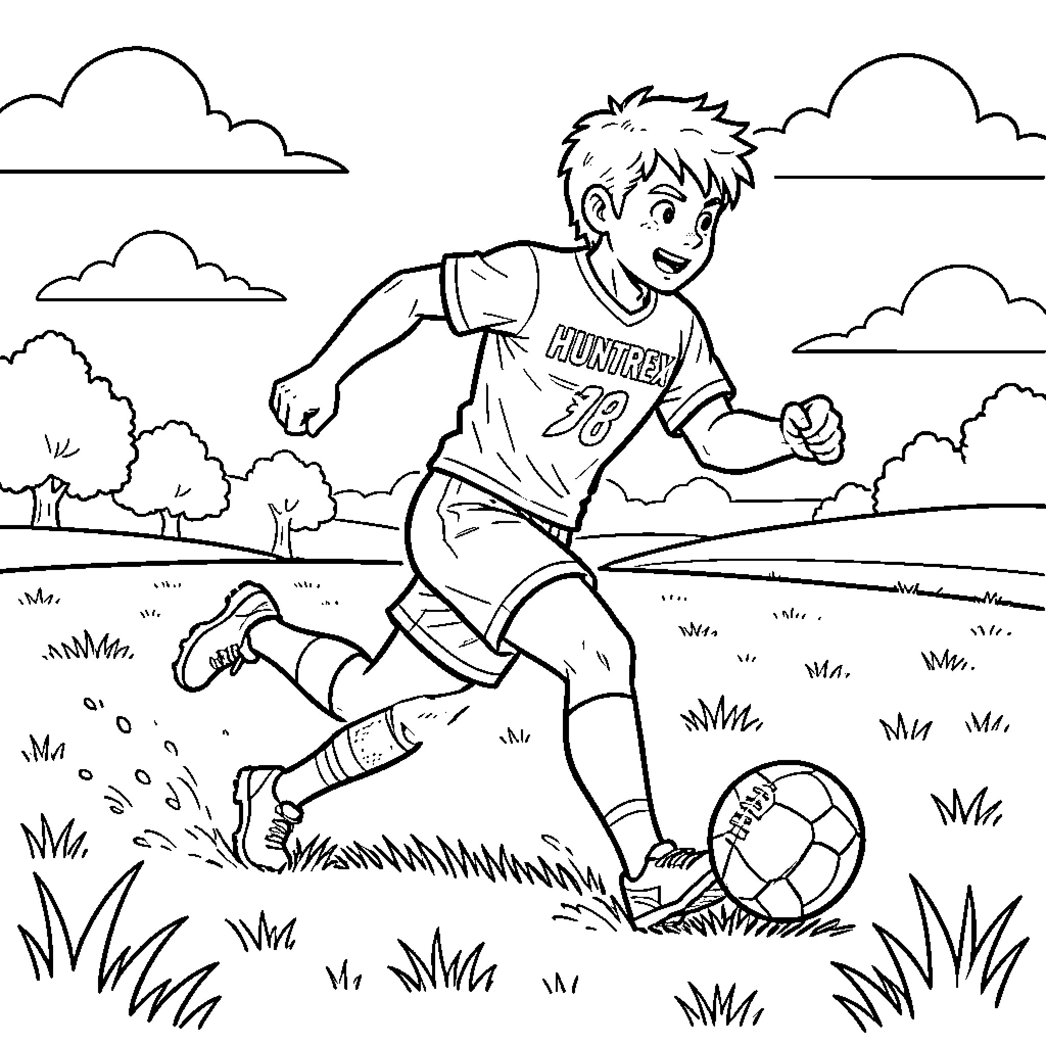 Huntrex boy playing soccer in a grassy field Coloring Page (free black-and-white line drawing printable PDF for all, from beginners to advanced learners, including children, teens, adults, and seniors)