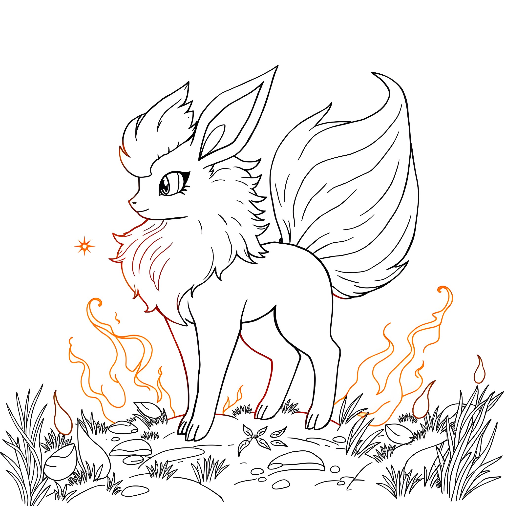 Flareon standing proudly in the forest Coloring Page (free black-and-white line drawing printable PDF for all, from beginners to advanced learners, including children, teens, adults, and seniors)