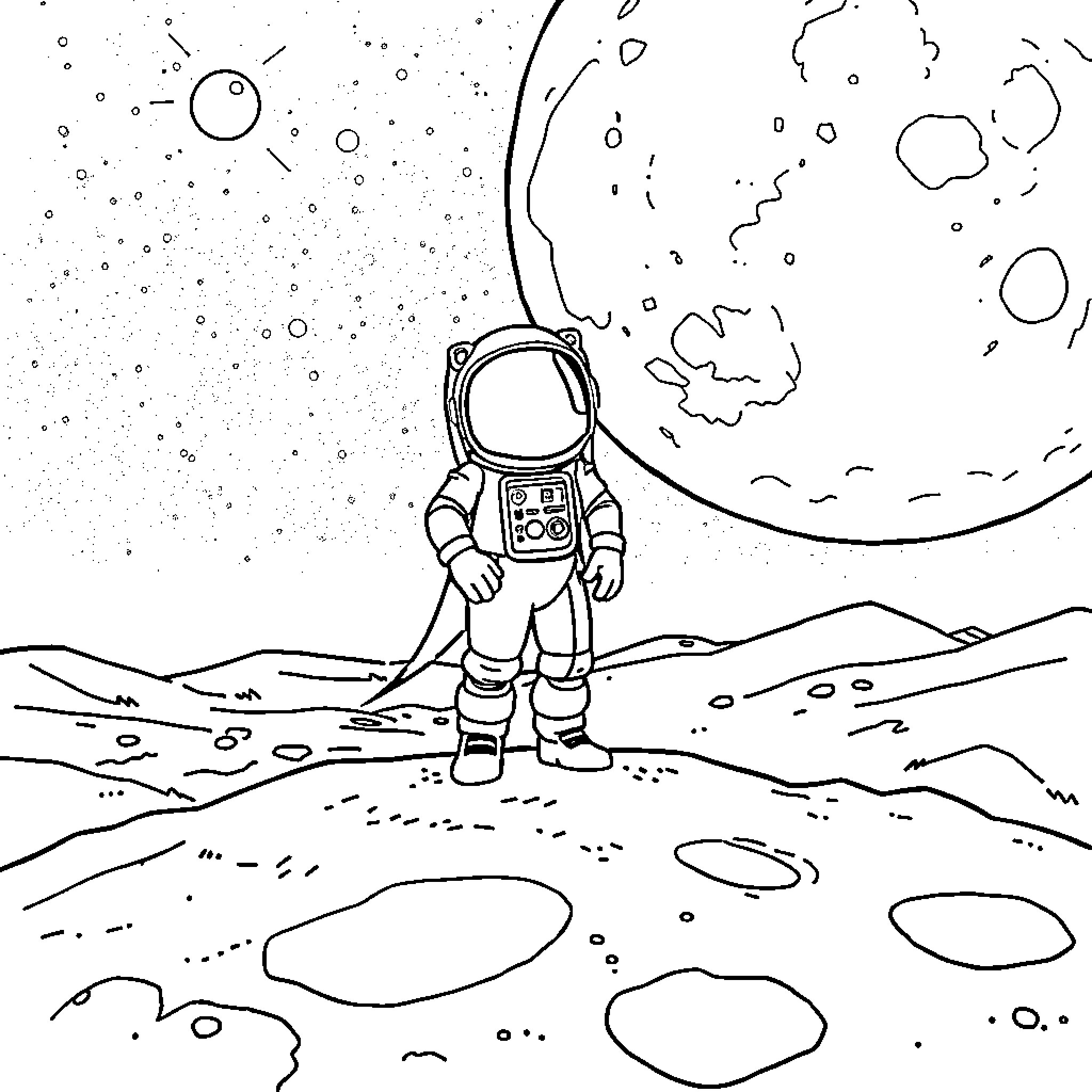 Peso exploring the lunar landscape Coloring Page (free black-and-white line drawing printable PDF for all, from beginners to advanced learners, including children, teens, adults, and seniors)