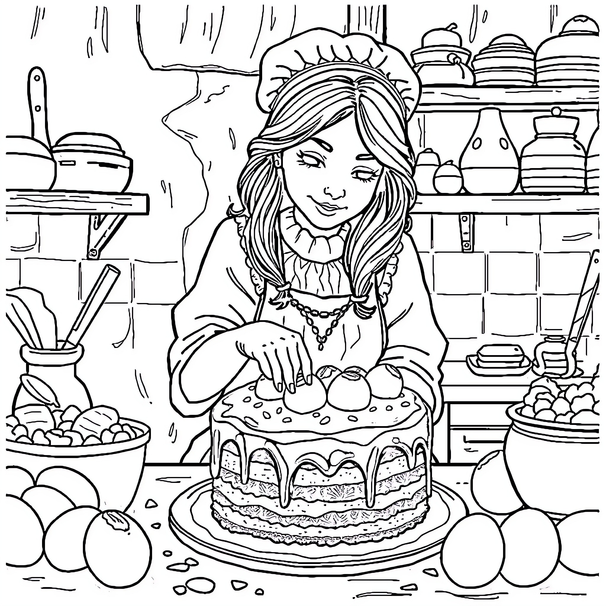 Hecate preparing a delectable dessert in the kitchen Coloring Page (free black-and-white line drawing printable PDF for all, from beginners to advanced learners, including children, teens, adults, and seniors)