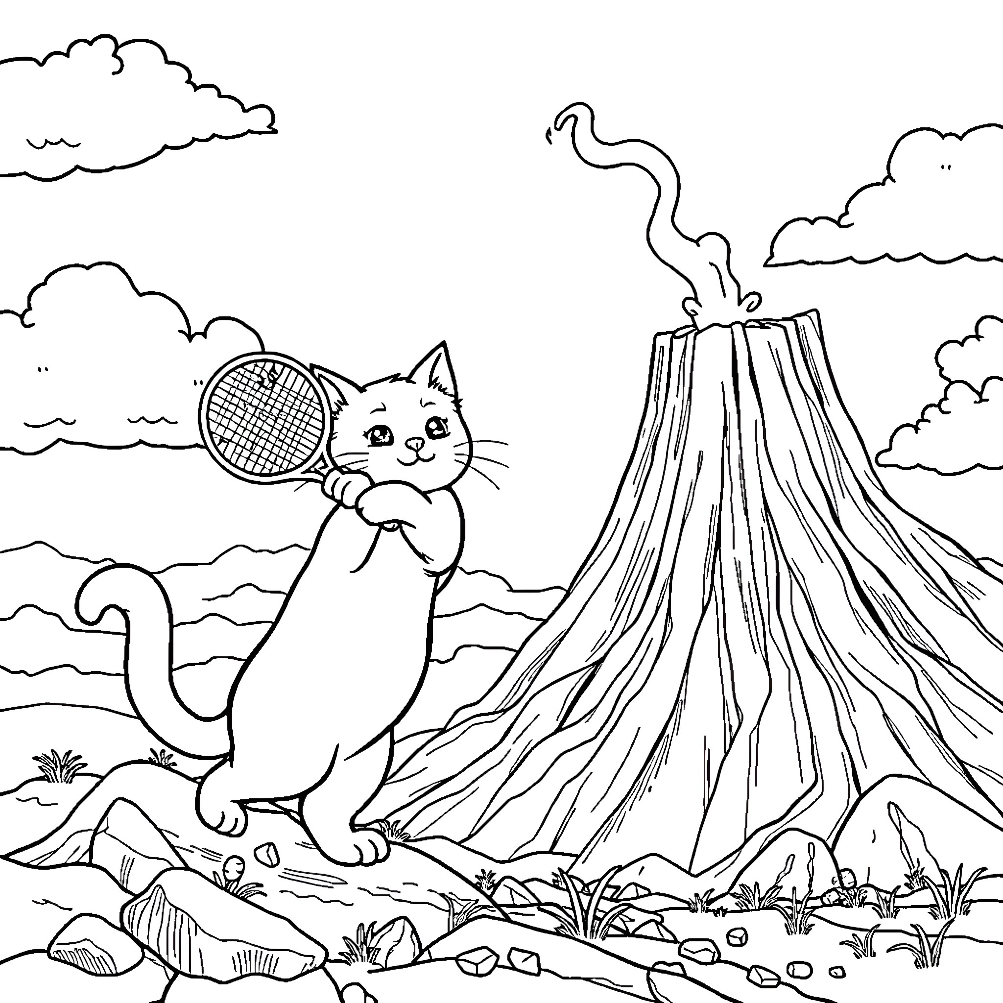 Cat playing with tennis racket near volcanic eruption Coloring Page (free black-and-white line drawing printable PDF for all, from beginners to advanced learners, including children, teens, adults, and seniors)