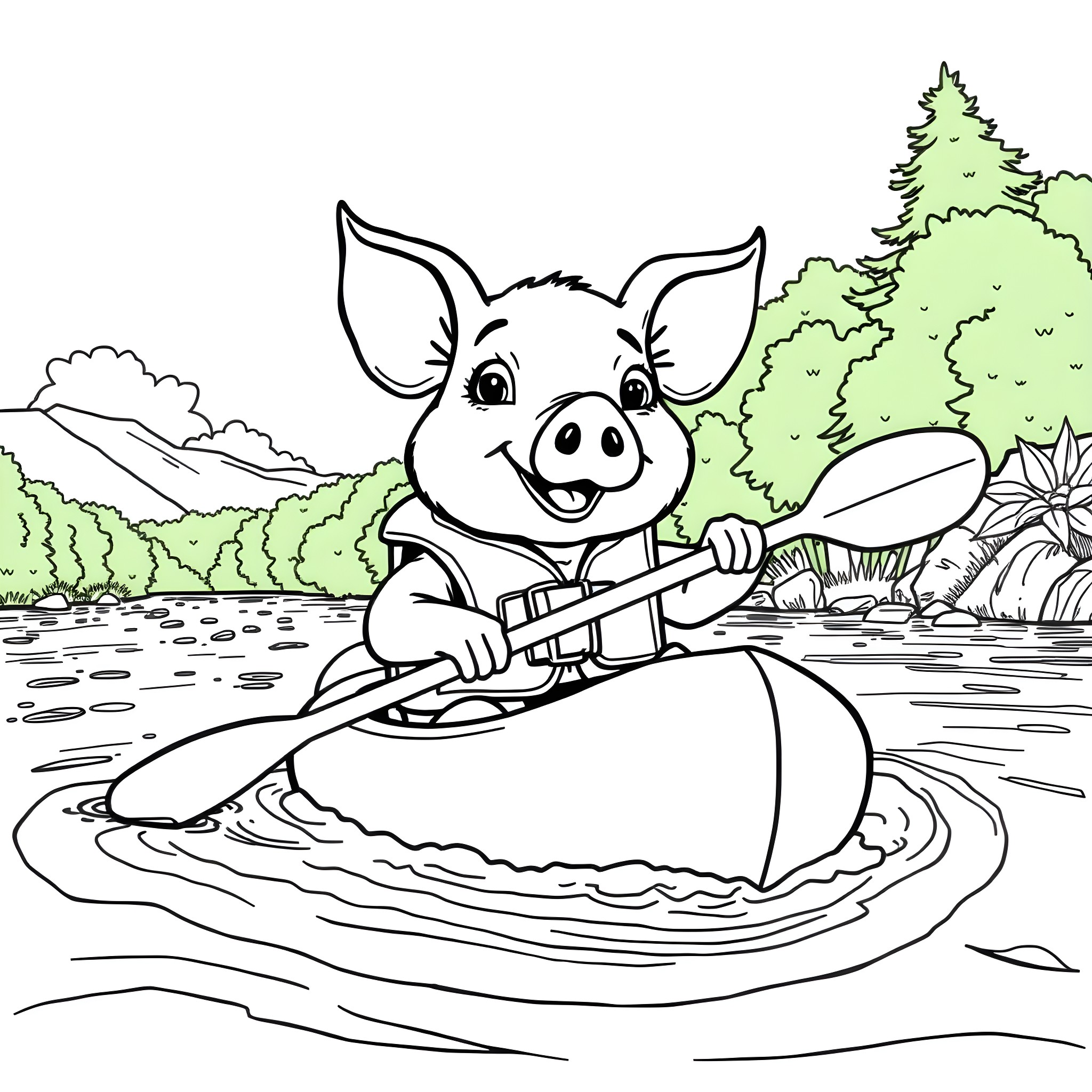 Pig paddling a kayak in the forest Coloring Page (free black-and-white line drawing printable PDF for all, from beginners to advanced learners, including children, teens, adults, and seniors)