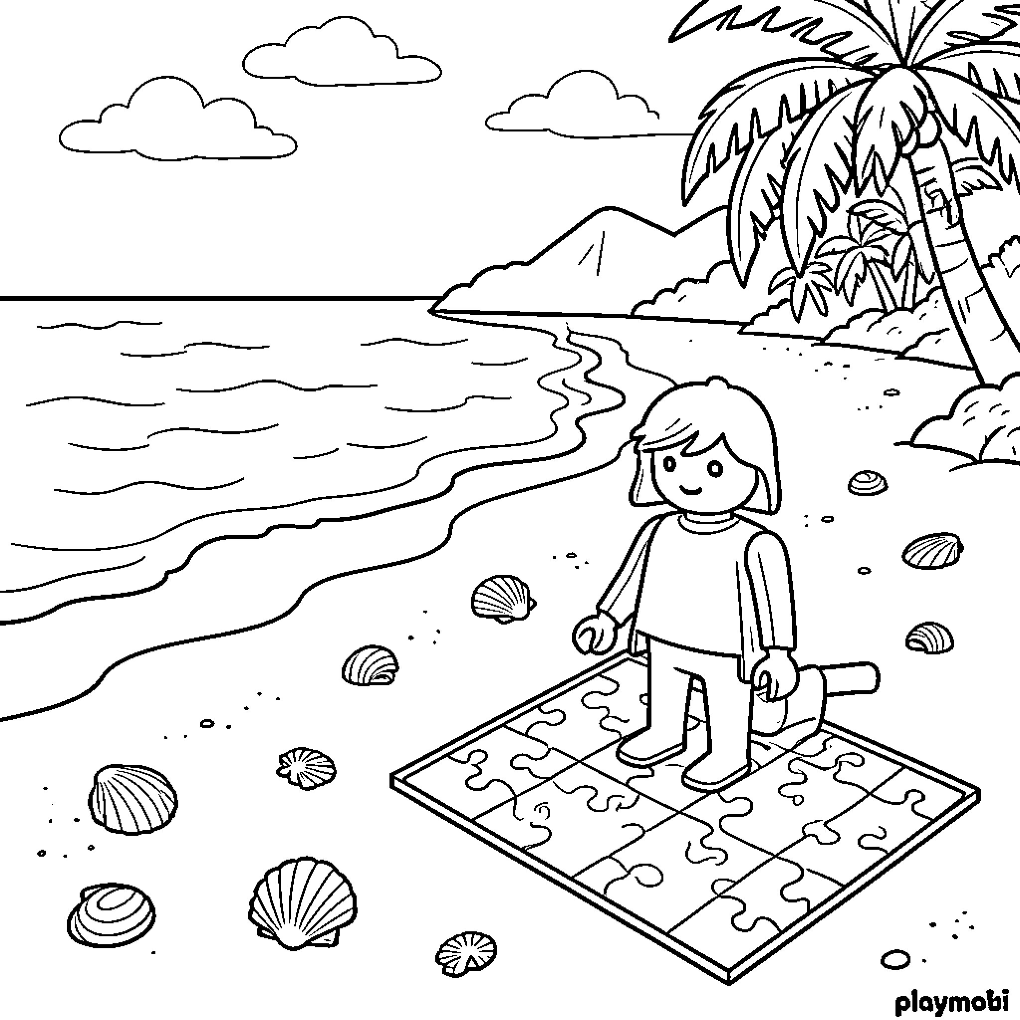Shell collecting enthusiast standing on a beach puzzle Coloring Page (free black-and-white line drawing printable PDF for all, from beginners to advanced learners, including children, teens, adults, and seniors)
