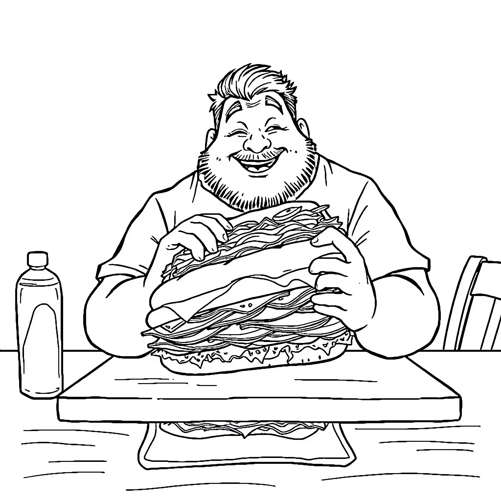 Man happily eating a large sandwich Coloring Page (free black-and-white line drawing printable PDF for all, from beginners to advanced learners, including children, teens, adults, and seniors)