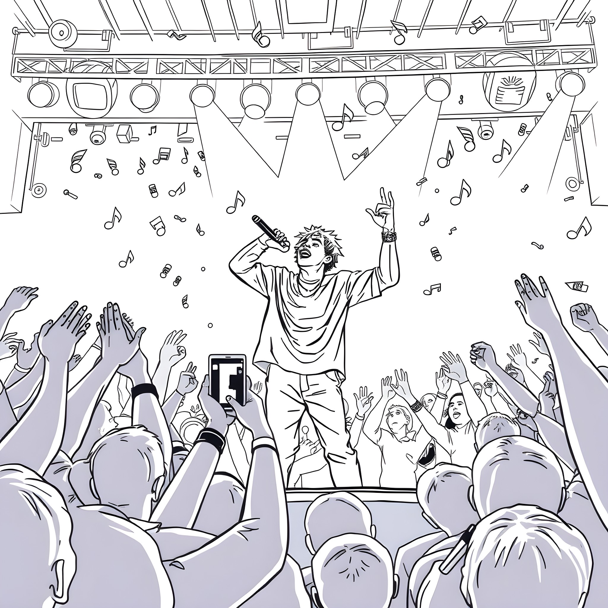 Juice Wrld performing passionately on stage Coloring Page (free black-and-white line drawing printable PDF for all, from beginners to advanced learners, including children, teens, adults, and seniors)