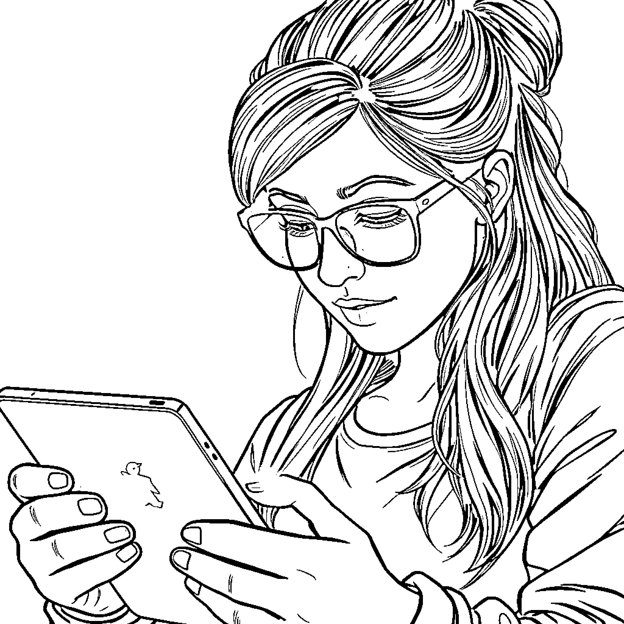 Woman focused on digital device Coloring Page (free black-and-white line drawing printable PDF for all, from beginners to advanced learners, including children, teens, adults, and seniors)