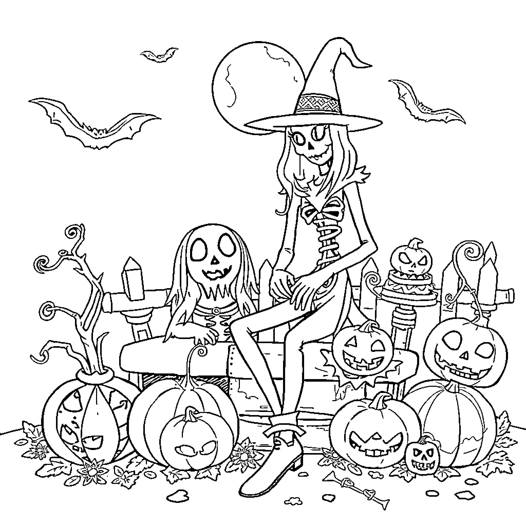 Bluetti Halloween Festivities Coloring Page (free black-and-white line drawing printable PDF for all, from beginners to advanced learners, including children, teens, adults, and seniors)