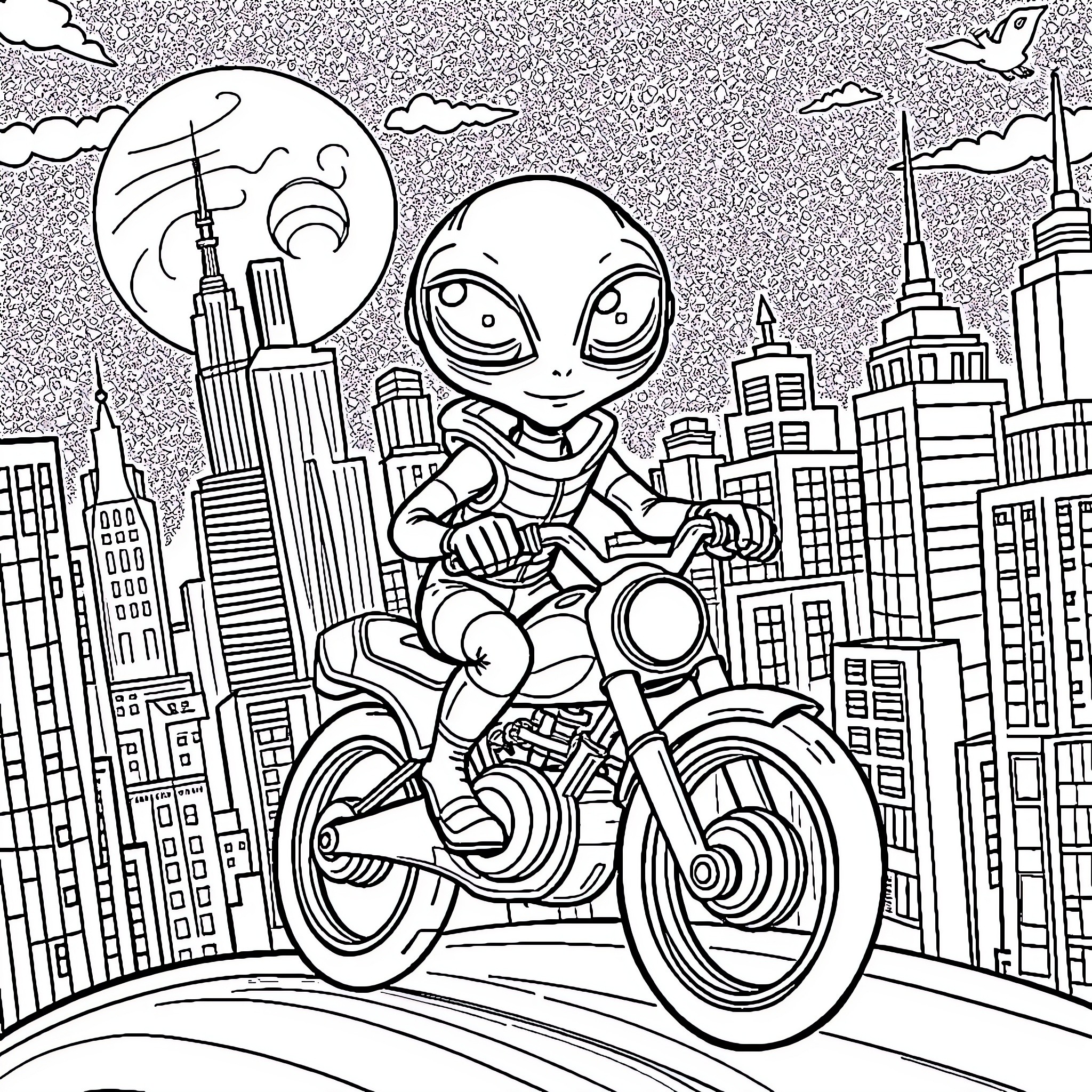 Alien Riding Motorcycle Through Futuristic City Skyline Coloring Page (free black-and-white line drawing printable PDF for all, from beginners to advanced learners, including children, teens, adults, and seniors)