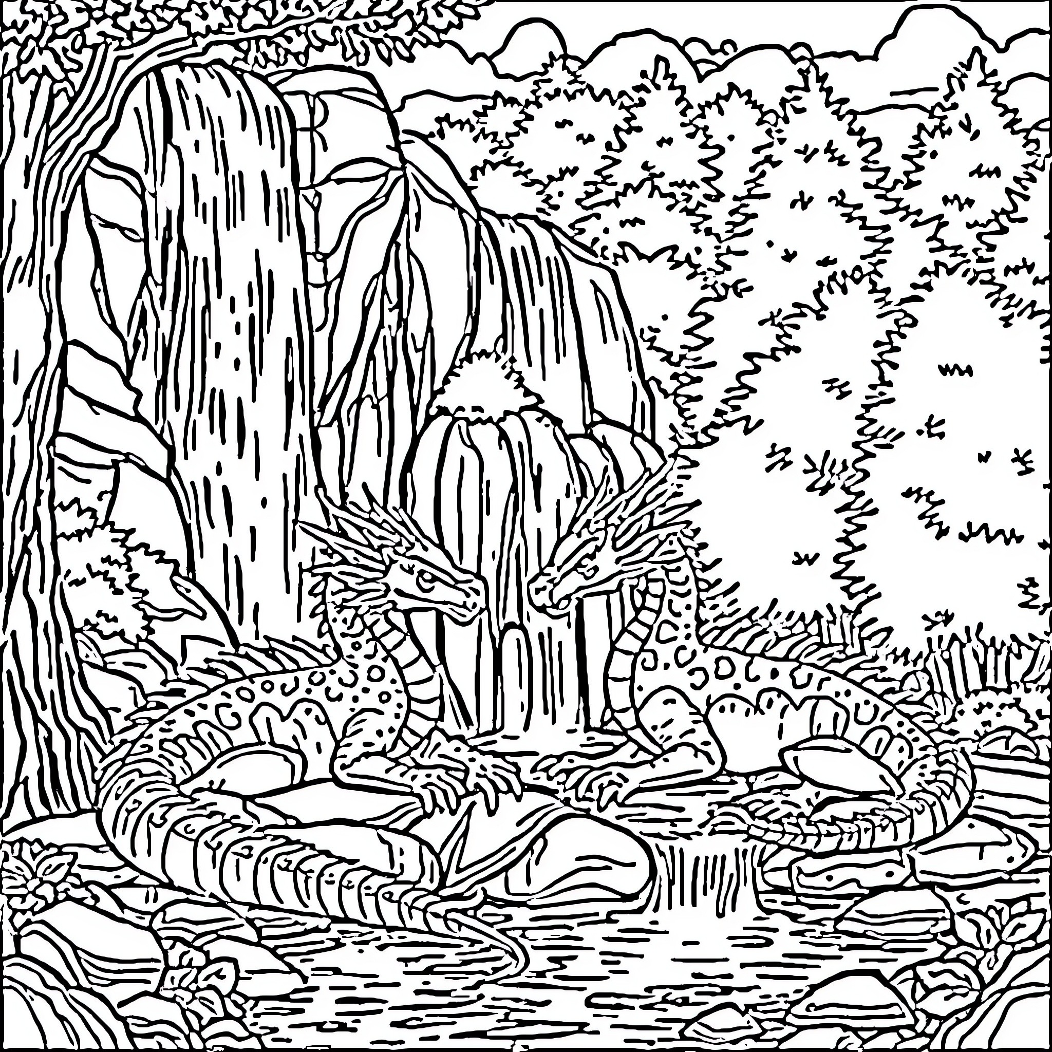 Dragon Resting by Magical Waterfall in Forest Coloring Page (free black-and-white line drawing printable PDF for all, from beginners to advanced learners, including children, teens, adults, and seniors)
