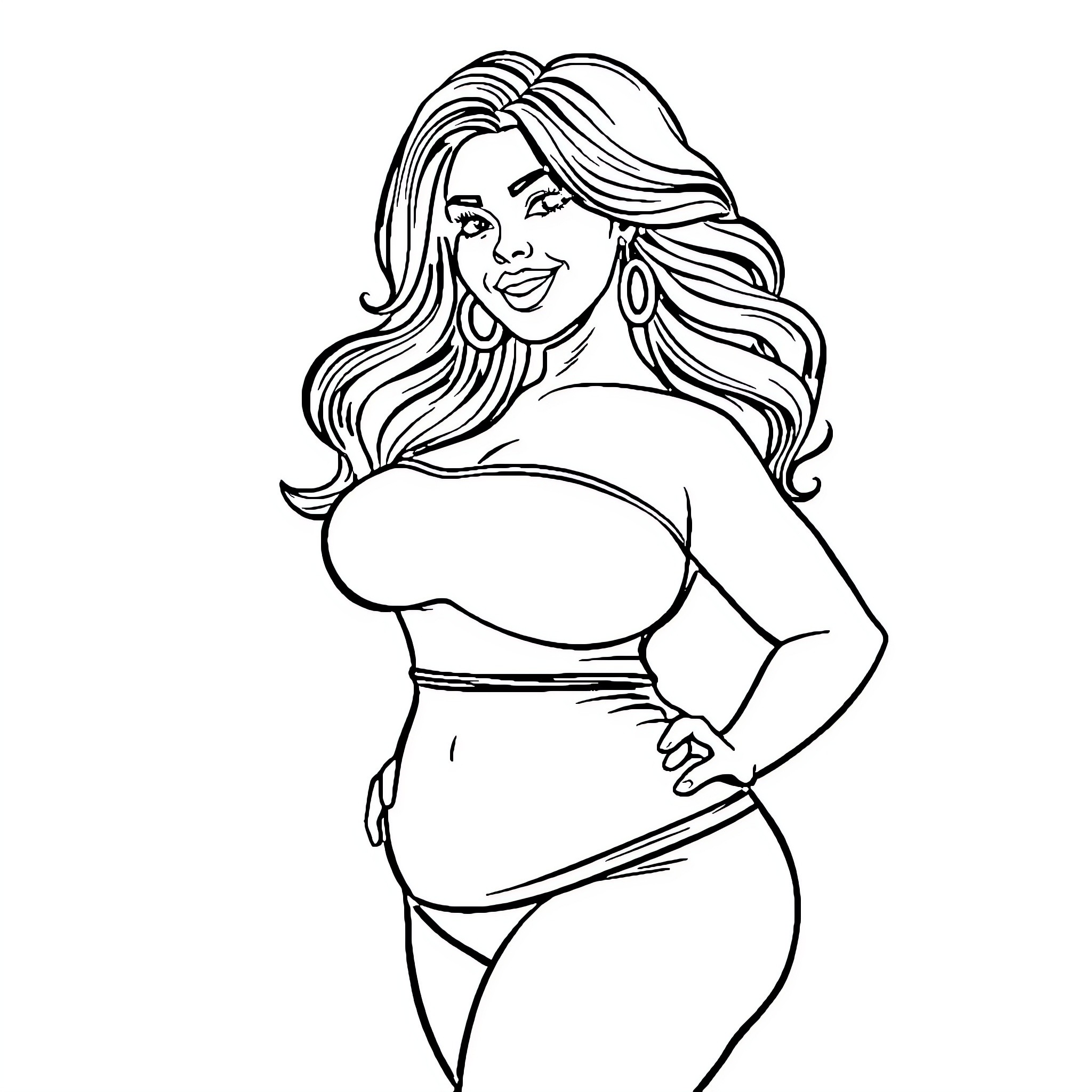 Chica posing confidently in figure-flattering outfit Coloring Page (free black-and-white line drawing printable PDF for all, from beginners to advanced learners, including children, teens, adults, and seniors)