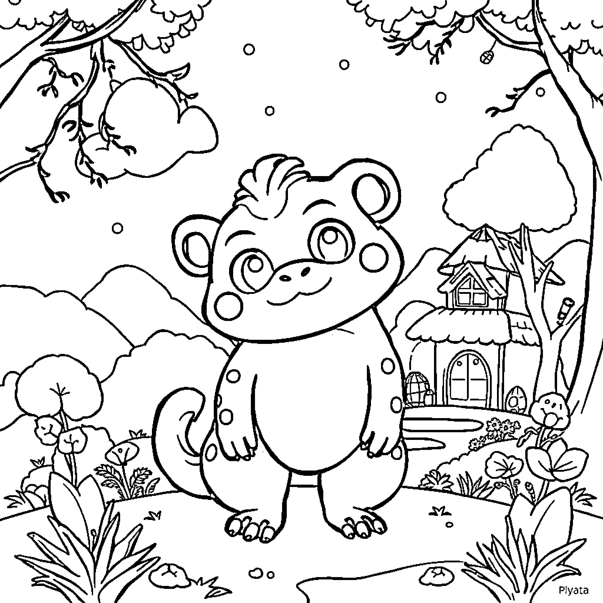 Creature exploring a whimsical forest scene Coloring Page (free black-and-white line drawing printable PDF for all, from beginners to advanced learners, including children, teens, adults, and seniors)