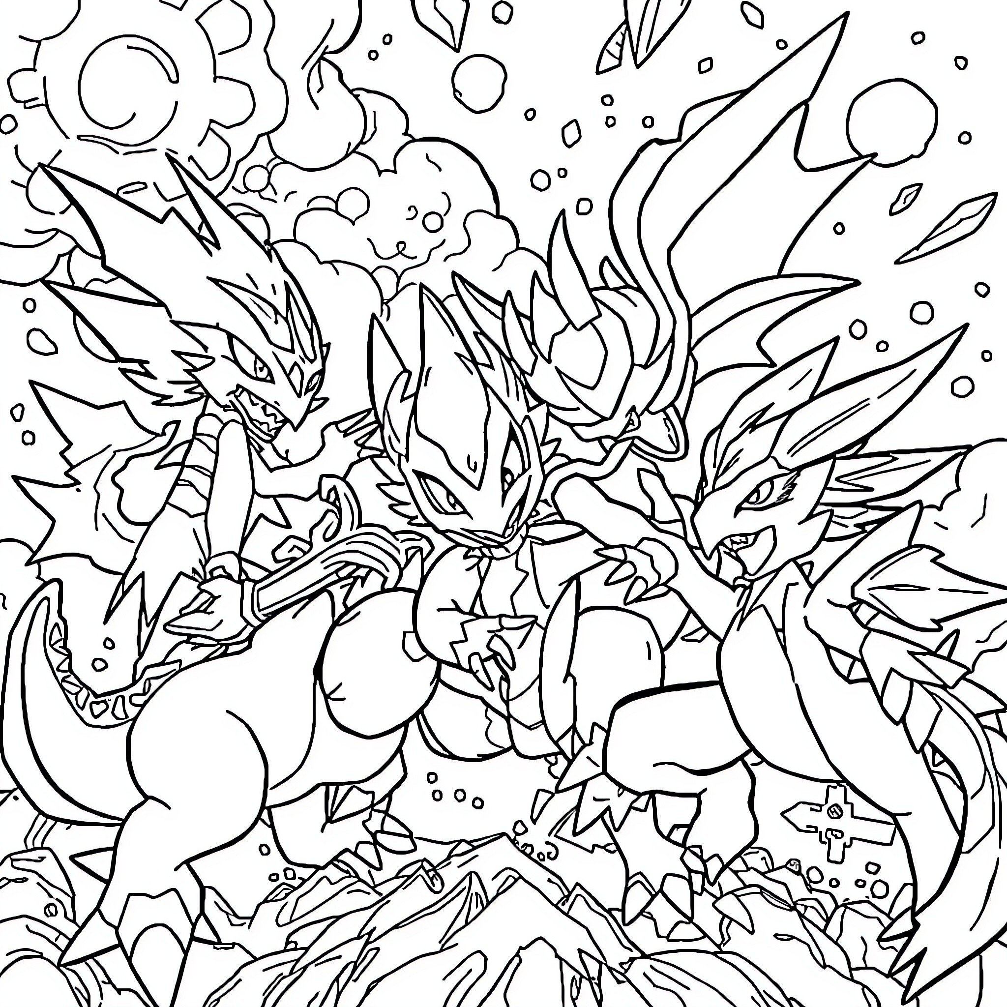 Digimon Creatures Engaged in Action Coloring Page (free black-and-white line drawing printable PDF for all, from beginners to advanced learners, including children, teens, adults, and seniors)