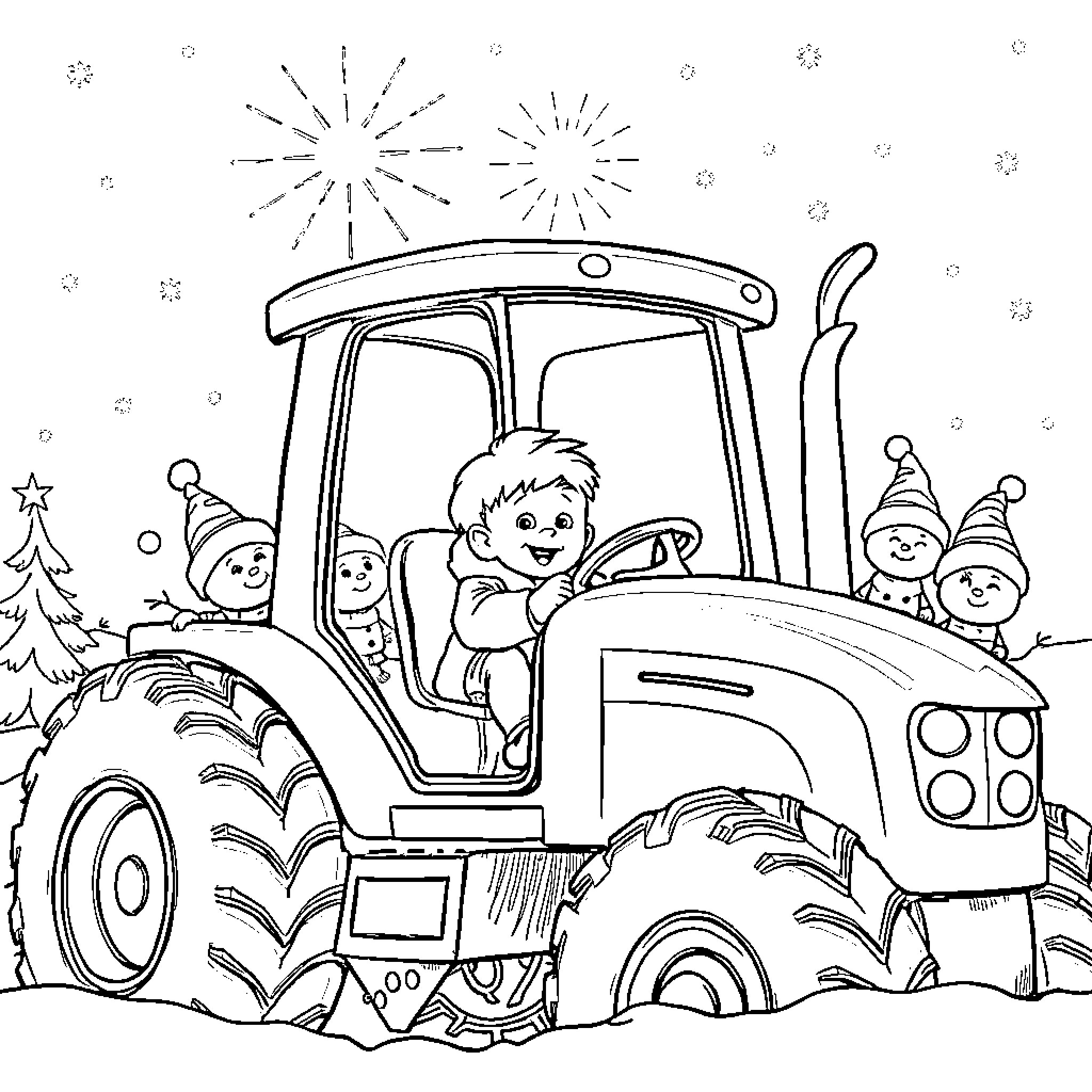 Garçon on a Jolly Tractor Ride with Friends Coloring Page (free black-and-white line drawing printable PDF for all, from beginners to advanced learners, including children, teens, adults, and seniors)