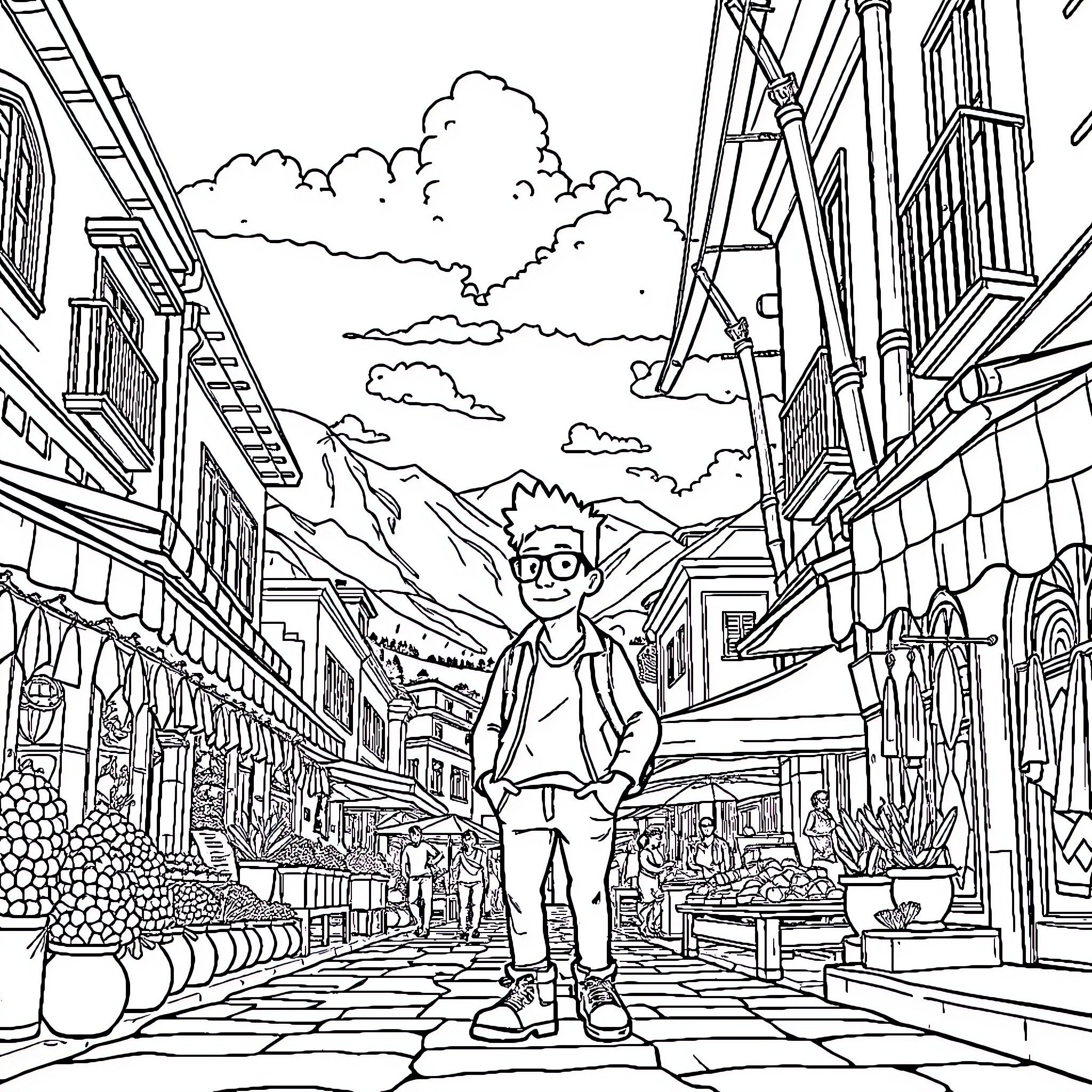 Bart exploring a vibrant city street Coloring Page (free black-and-white line drawing printable PDF for all, from beginners to advanced learners, including children, teens, adults, and seniors)
