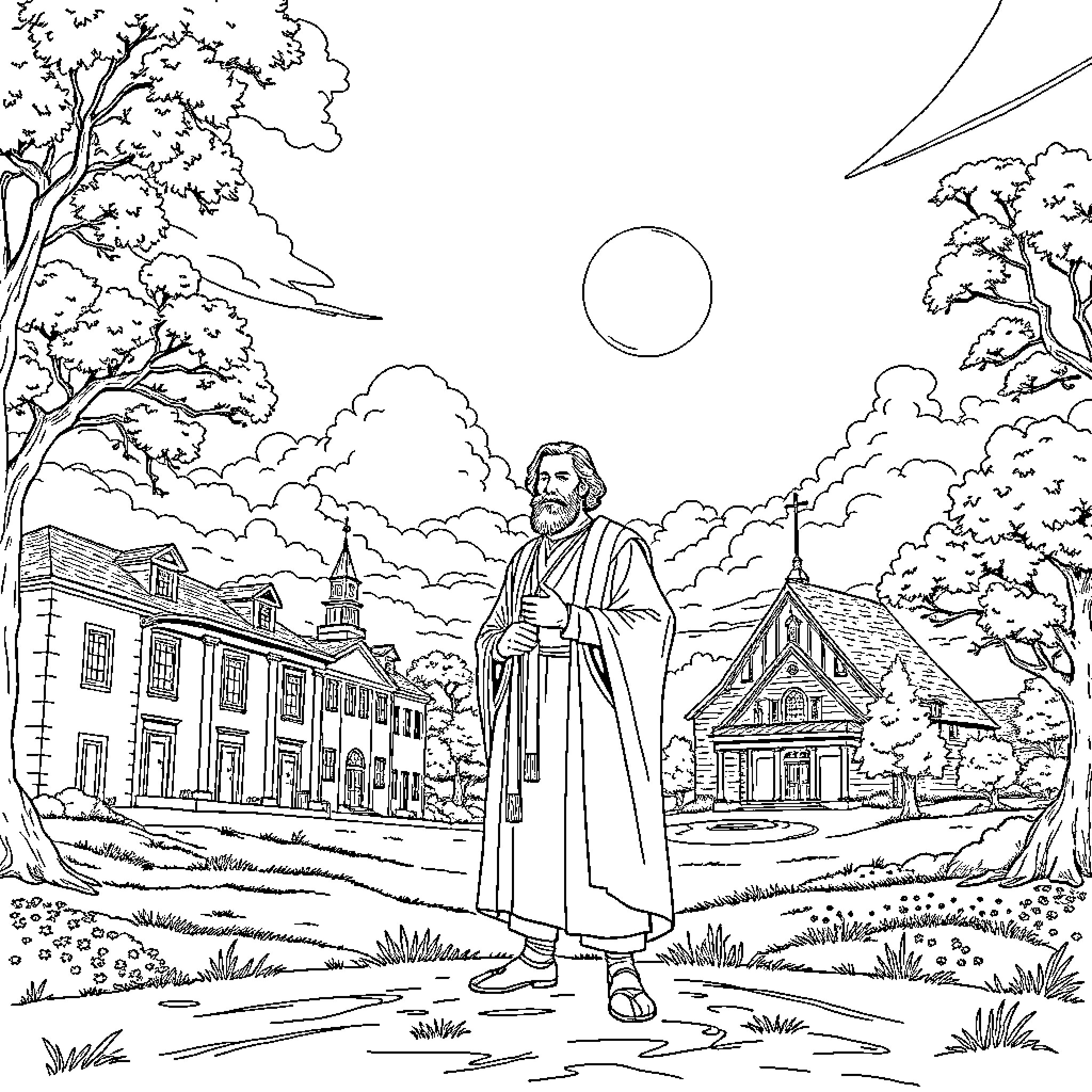 Joseph Smith walks through a historic town in the countryside Coloring Page (free black-and-white line drawing printable PDF for all, from beginners to advanced learners, including children, teens, adults, and seniors)
