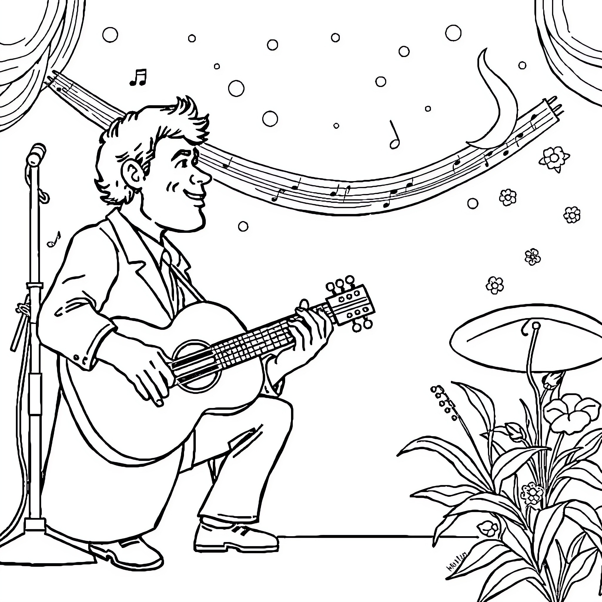 Beat the Soulful Musician's Performance Coloring Page (free black-and-white line drawing printable PDF for all, from beginners to advanced learners, including children, teens, adults, and seniors)