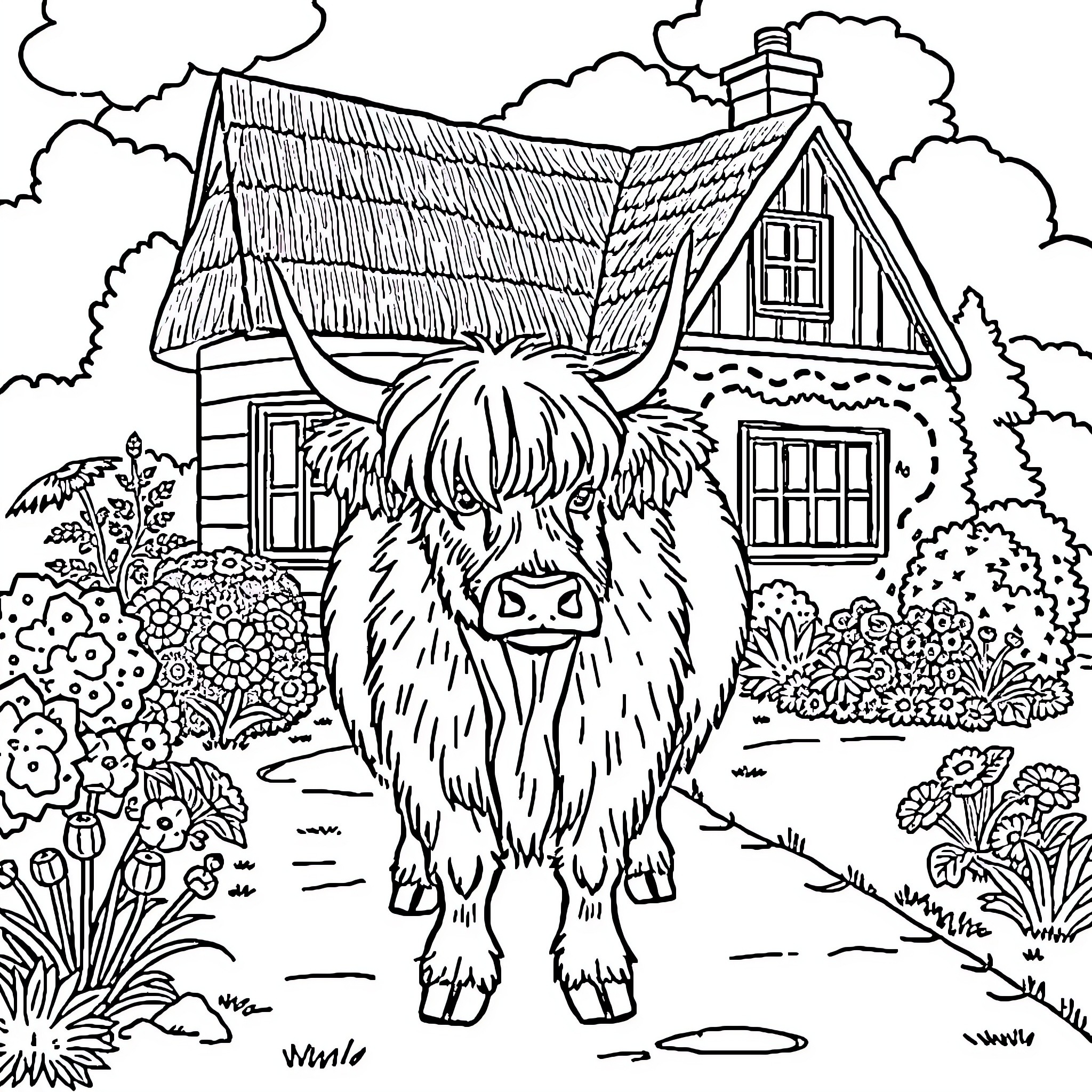 Highland Cow Enjoys Scenic Rural Landscape Coloring Page (free black-and-white line drawing printable PDF for all, from beginners to advanced learners, including children, teens, adults, and seniors)