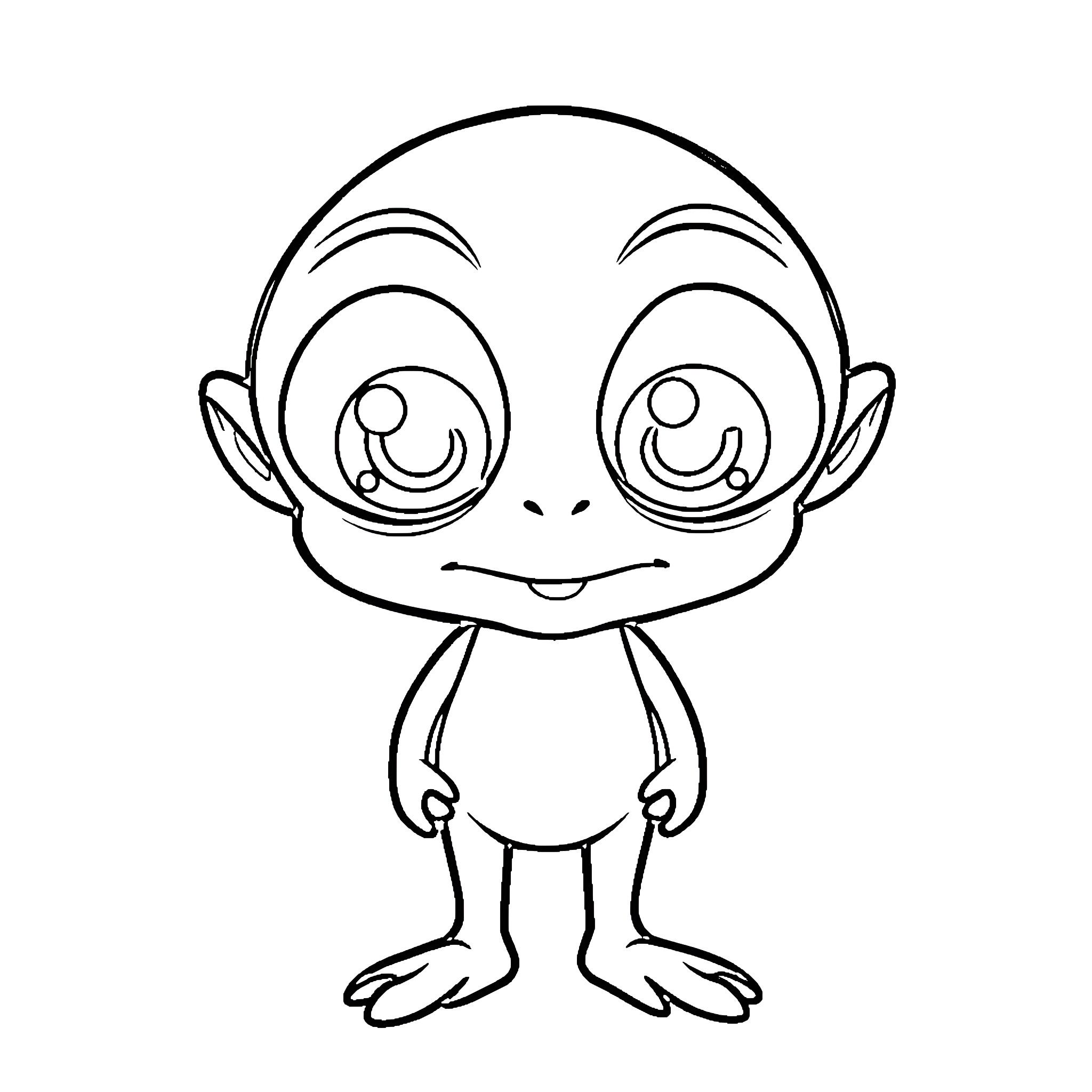 Alien creature with big eyes and smile Coloring Page (free black-and-white line drawing printable PDF for all, from beginners to advanced learners, including children, teens, adults, and seniors)