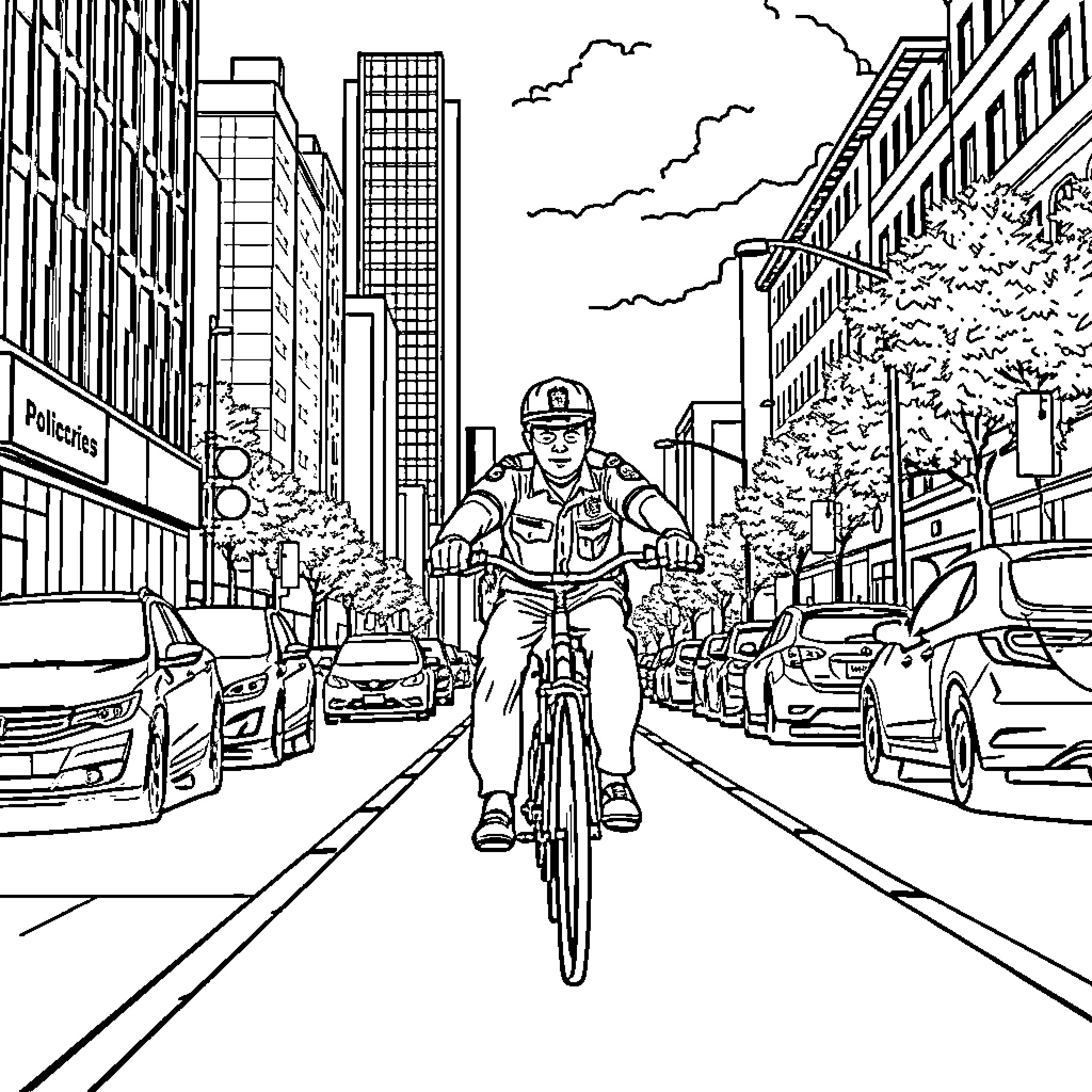 Police Officer Cycling Down City Street Coloring Page (free black-and-white line drawing printable PDF for all, from beginners to advanced learners, including children, teens, adults, and seniors)