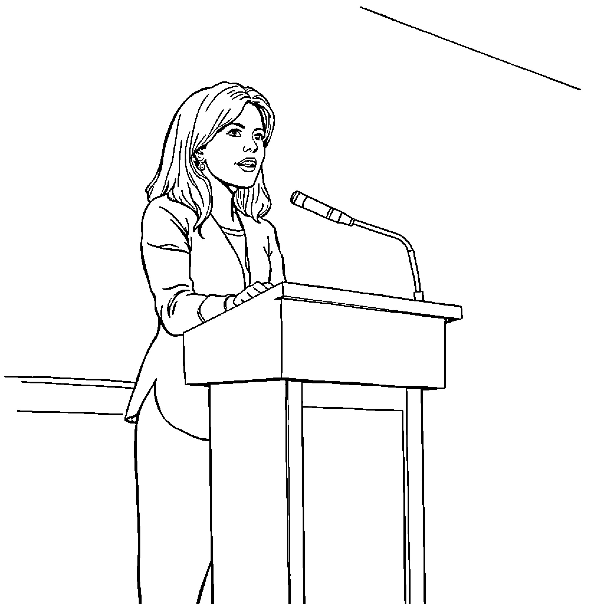 Danielle Smith addressing audience at podium Coloring Page (free black-and-white line drawing printable PDF for all, from beginners to advanced learners, including children, teens, adults, and seniors)