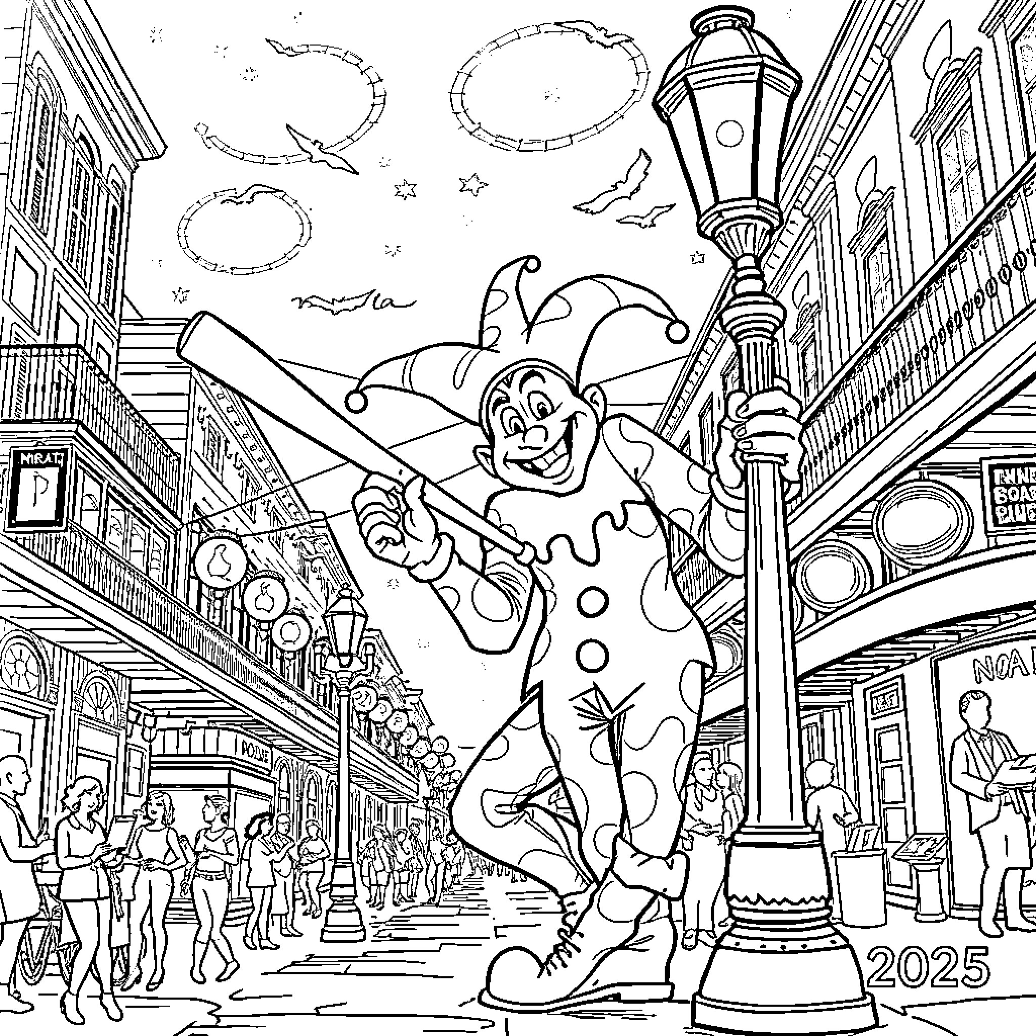 Jester in a Whimsical Urban Carnival Scene Coloring Page (free black-and-white line drawing printable PDF for all, from beginners to advanced learners, including children, teens, adults, and seniors)