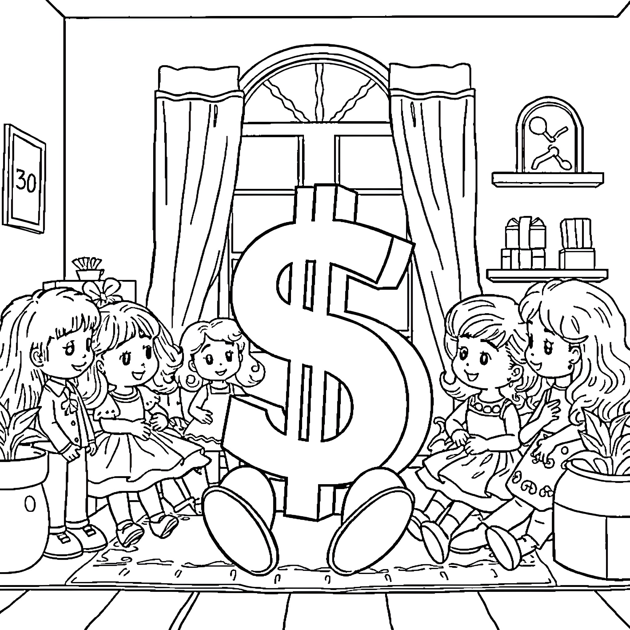 Dollar Sign Surrounded by Children in Playful Room Coloring Page (free black-and-white line drawing printable PDF for all, from beginners to advanced learners, including children, teens, adults, and seniors)