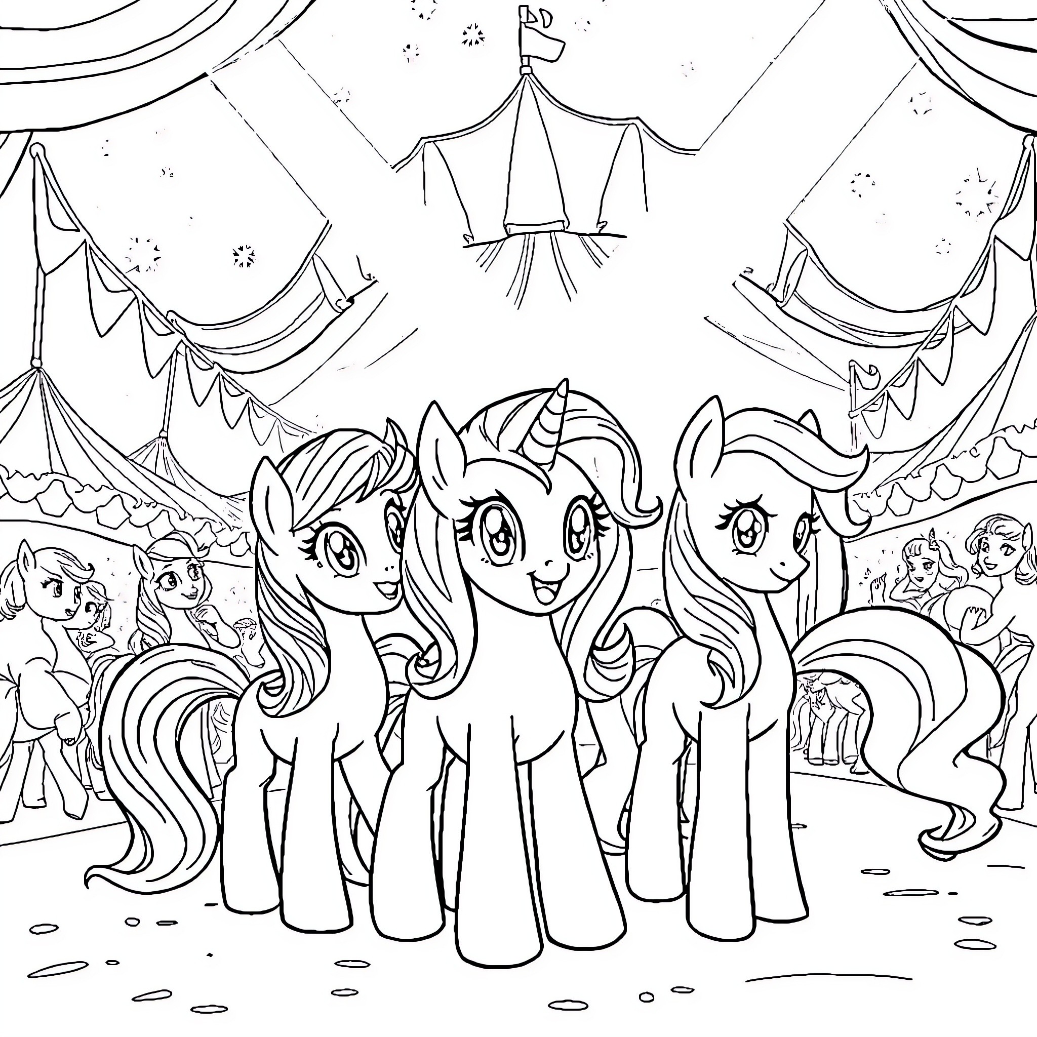 Pony characters at the circus carnival Coloring Page (free black-and-white line drawing printable PDF for all, from beginners to advanced learners, including children, teens, adults, and seniors)
