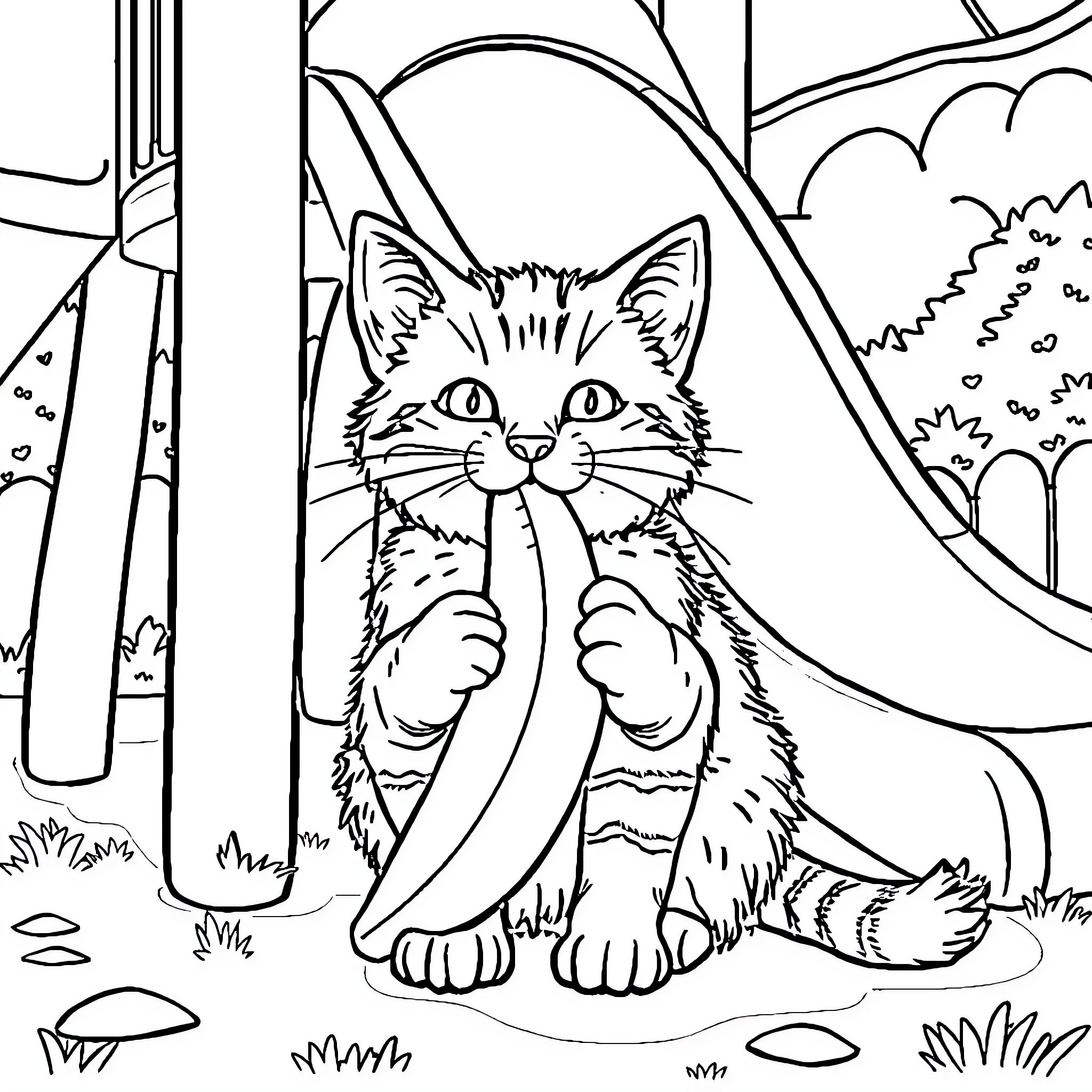 Cat exploring the outdoors in a whimsical setting Coloring Page (free black-and-white line drawing printable PDF for all, from beginners to advanced learners, including children, teens, adults, and seniors)