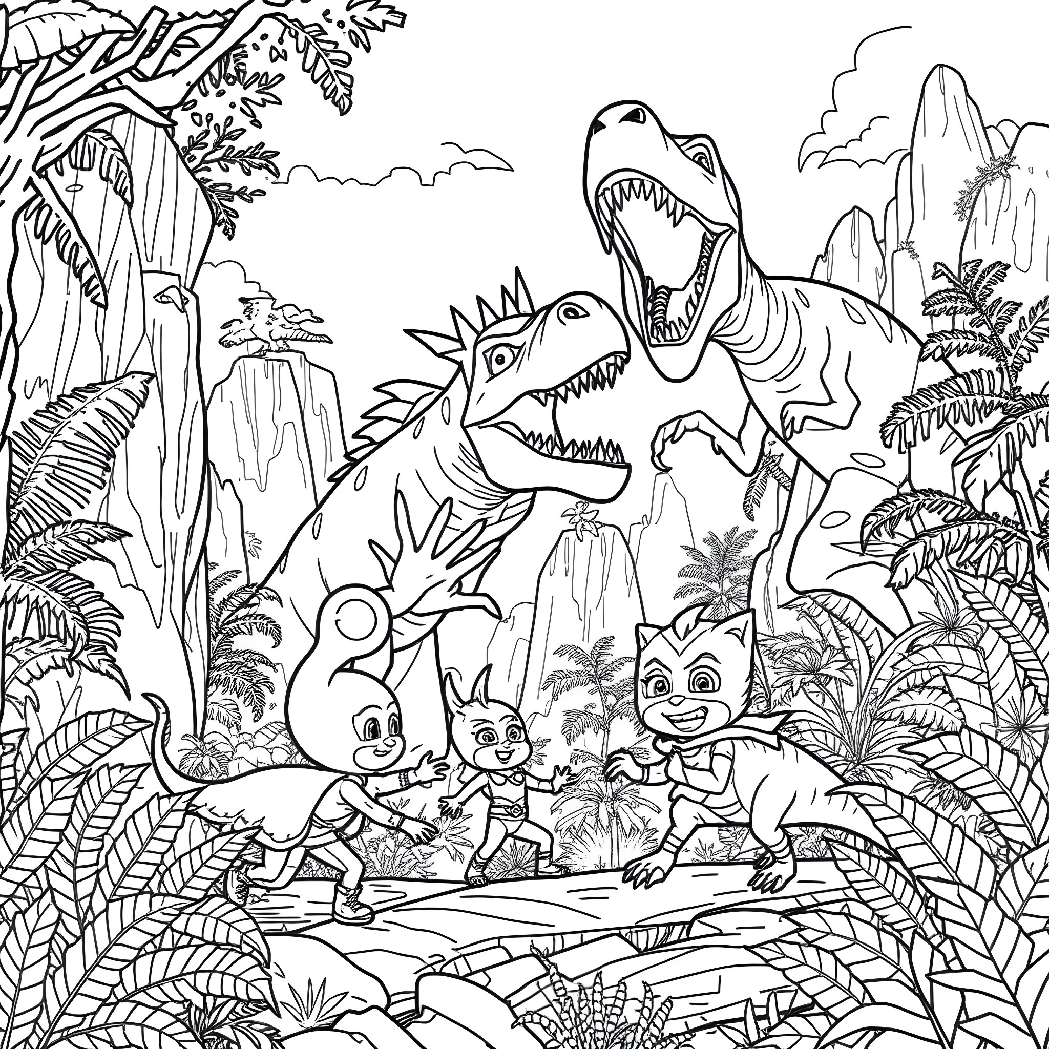 Pj Masks characters in an adventurous jungle scene Coloring Page (free black-and-white line drawing printable PDF for all, from beginners to advanced learners, including children, teens, adults, and seniors)
