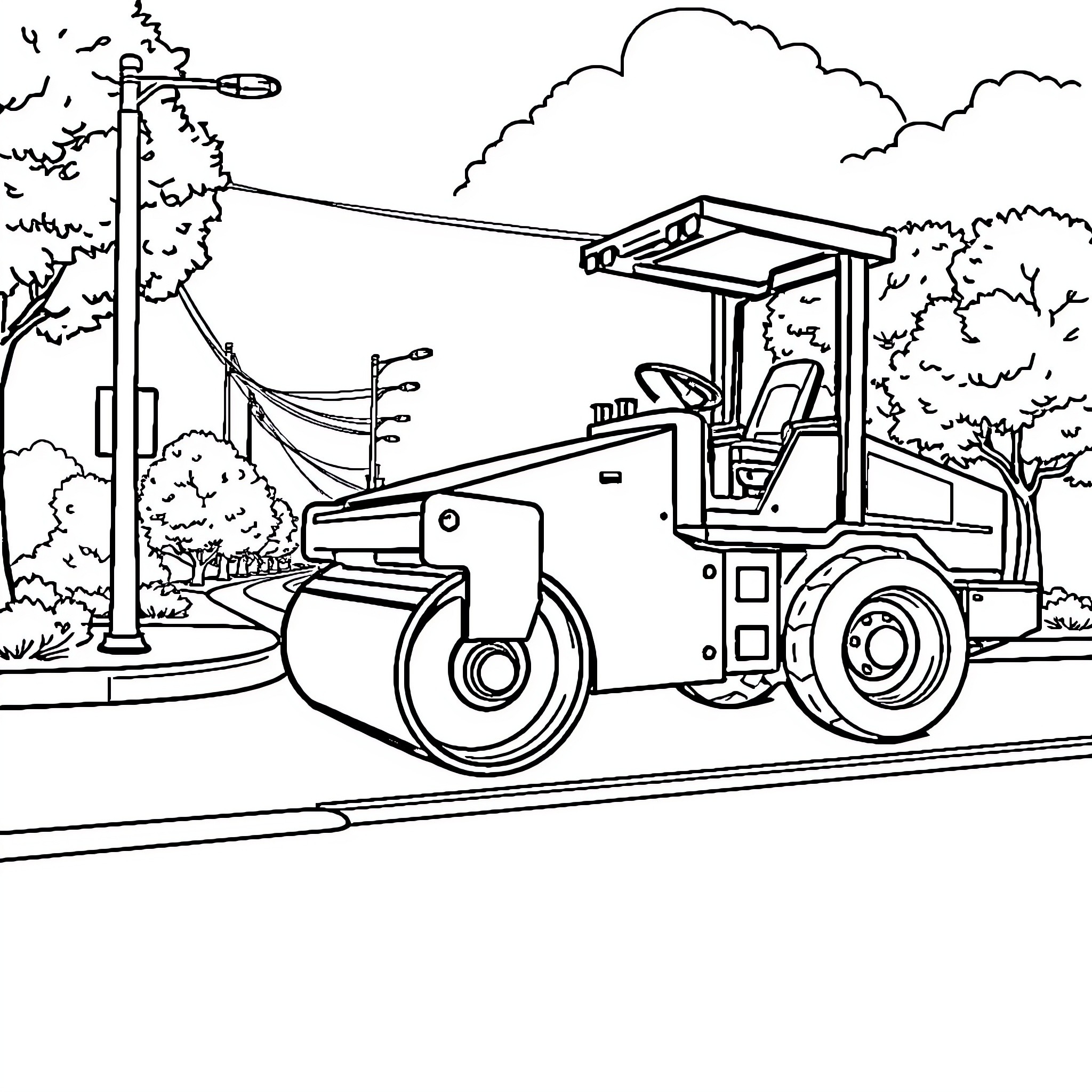 Road Roller Compacting Pavement in Outdoor Scene Coloring Page (free black-and-white line drawing printable PDF for all, from beginners to advanced learners, including children, teens, adults, and seniors)