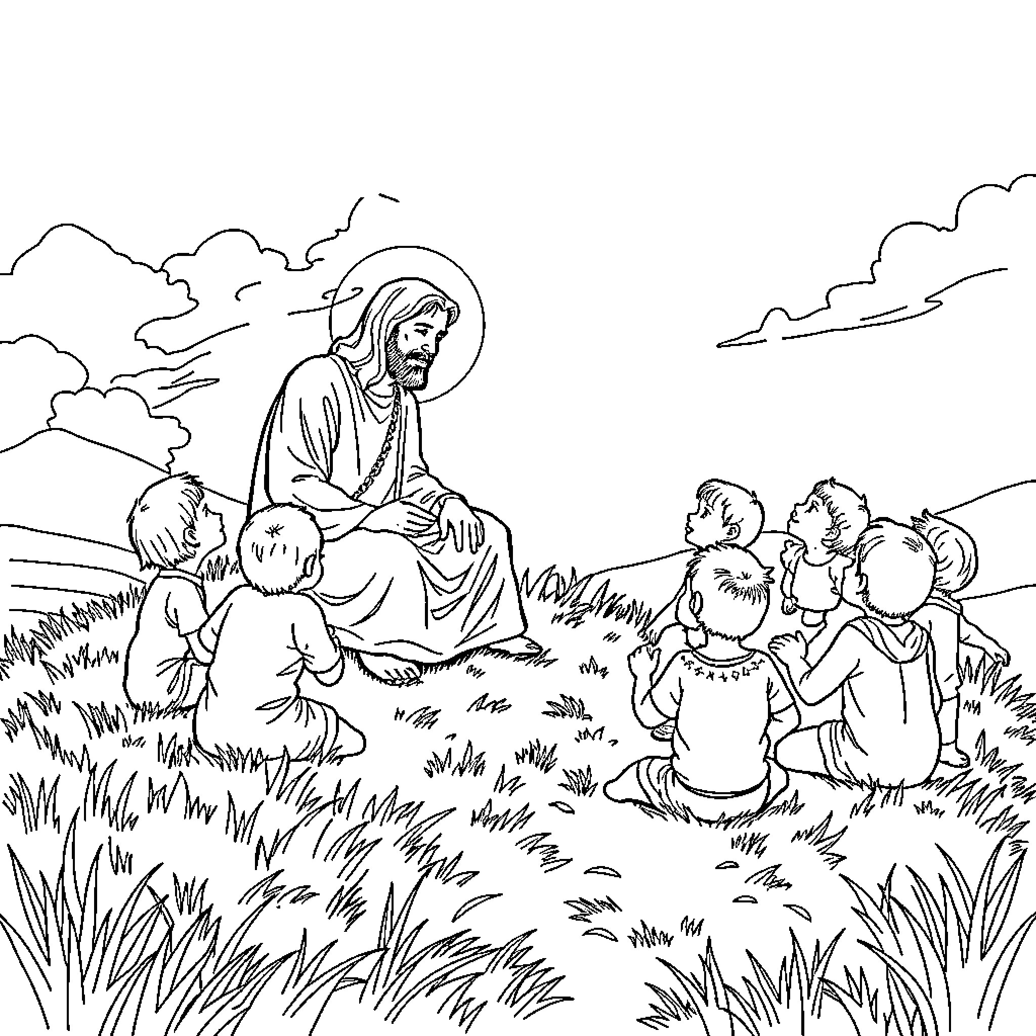 Jesus teaching and interacting with children in a peaceful setting Coloring Page (free black-and-white line drawing printable PDF for all, from beginners to advanced learners, including children, teens, adults, and seniors)