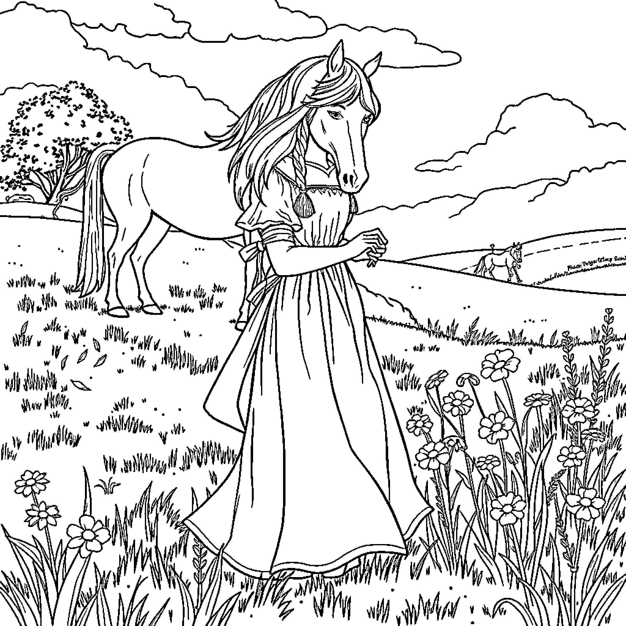 Lady walking gracefully with her horse in a lush meadow Coloring Page (free black-and-white line drawing printable PDF for all, from beginners to advanced learners, including children, teens, adults, and seniors)