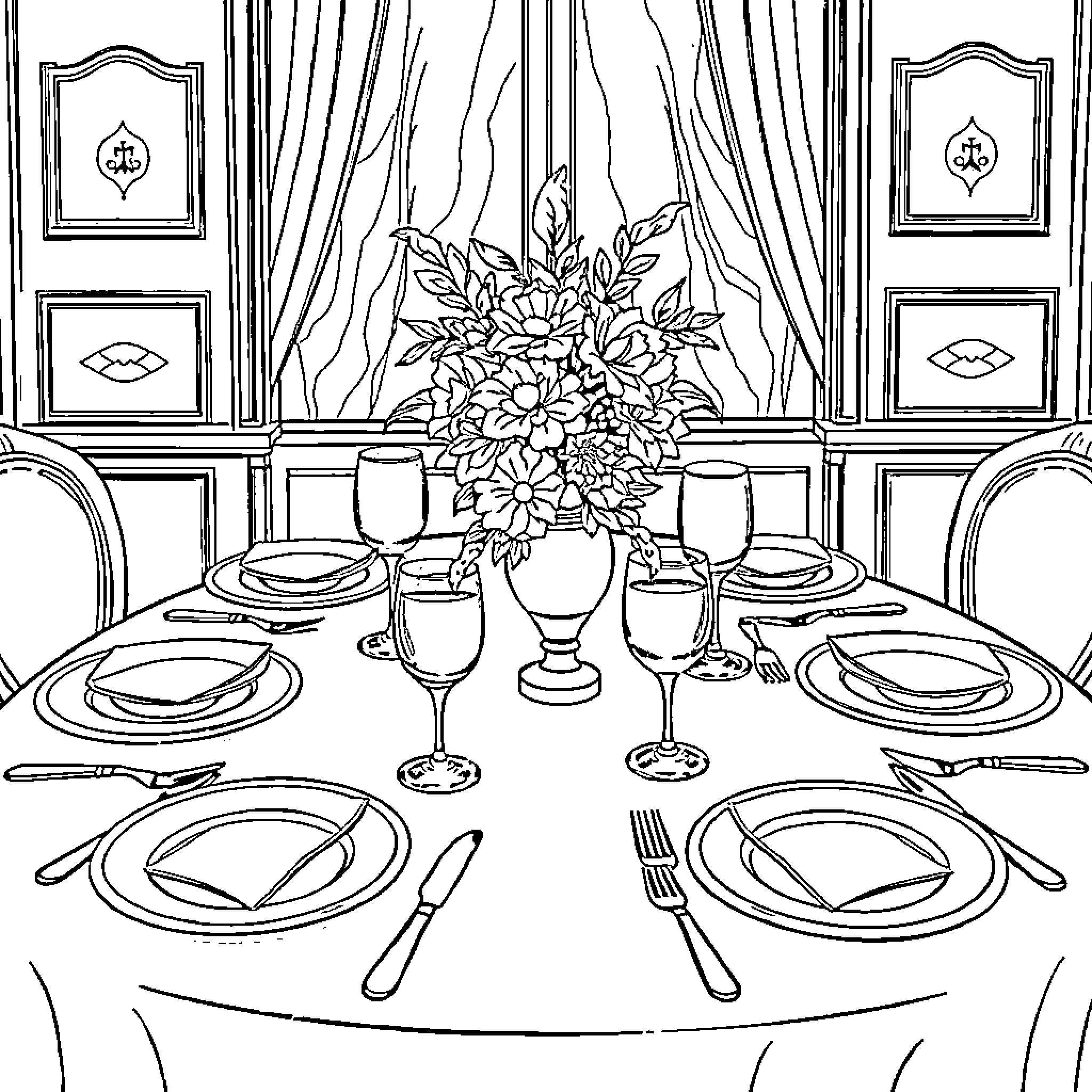 Ms. Dinner Table: Formal Dining Setting with Floral Arrangement Coloring Page (free black-and-white line drawing printable PDF for all, from beginners to advanced learners, including children, teens, adults, and seniors)
