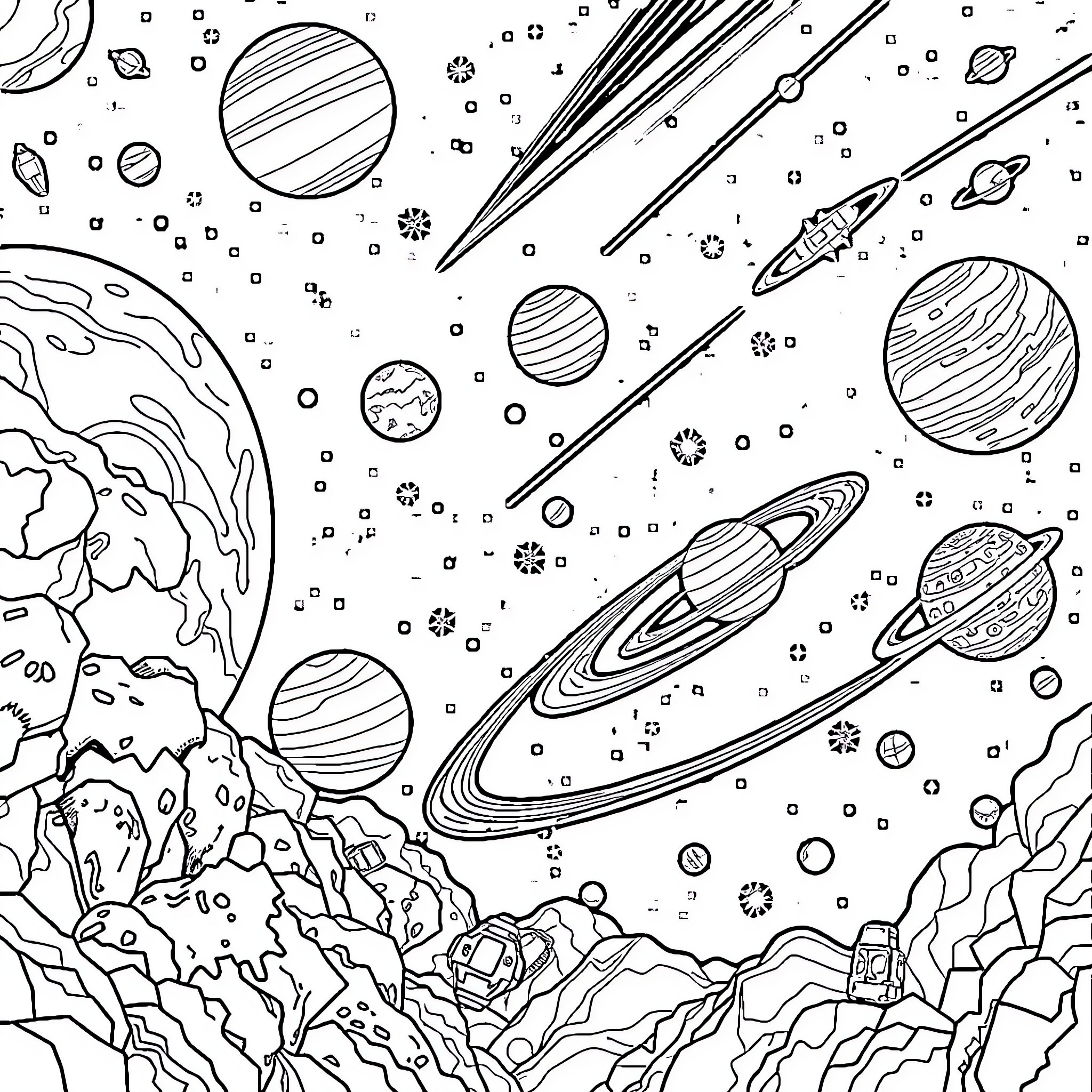 Planet Exploration in the Cosmic Realm Coloring Page (free black-and-white line drawing printable PDF for all, from beginners to advanced learners, including children, teens, adults, and seniors)