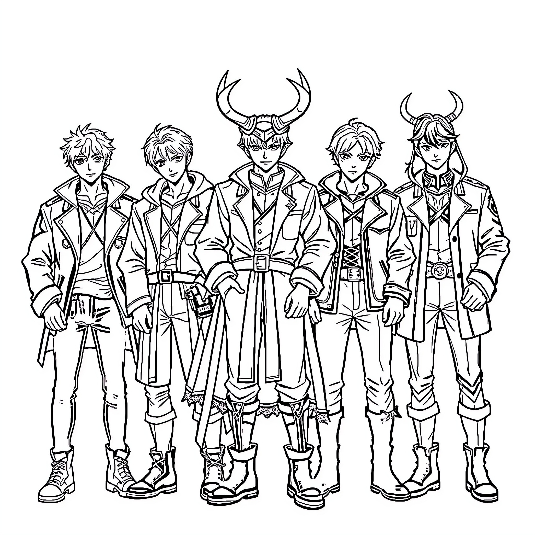 Saja Boys in Stylized Attire Coloring Page (free black-and-white line drawing printable PDF for all, from beginners to advanced learners, including children, teens, adults, and seniors)