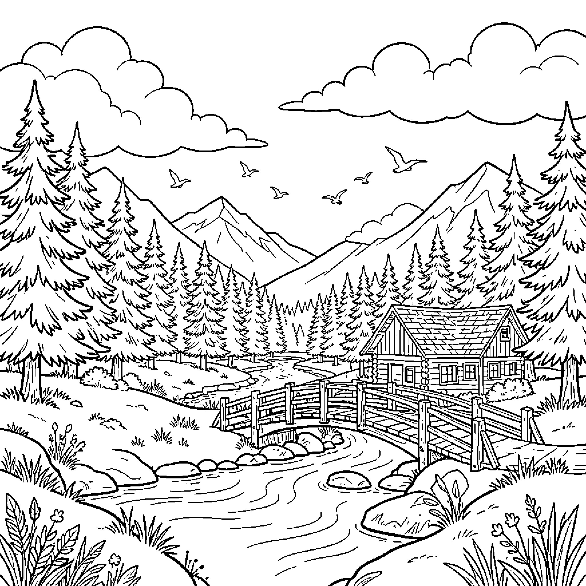 Mountain Cabin Retreat in Scenic Forest Landscape Coloring Page (free black-and-white line drawing printable PDF for all, from beginners to advanced learners, including children, teens, adults, and seniors)