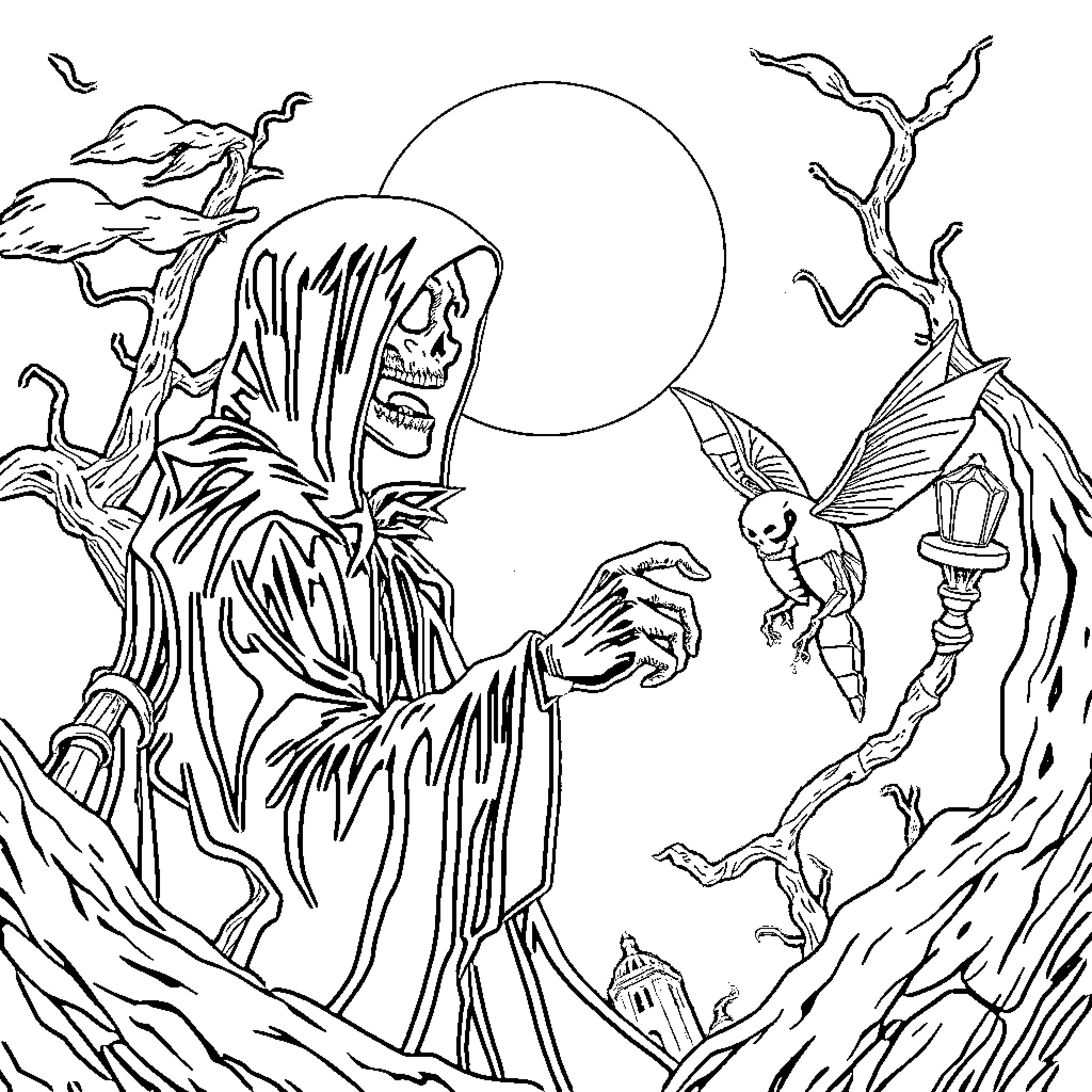 Death's Eerie Embrace in the Shadowy Realm Coloring Page (free black-and-white line drawing printable PDF for all, from beginners to advanced learners, including children, teens, adults, and seniors)