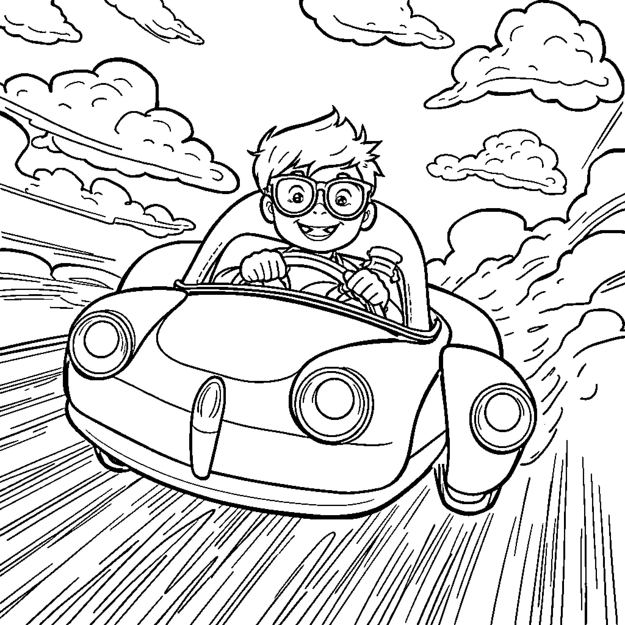 Flying Car Driven by a Delighted Boy Coloring Page (free black-and-white line drawing printable PDF for all, from beginners to advanced learners, including children, teens, adults, and seniors)